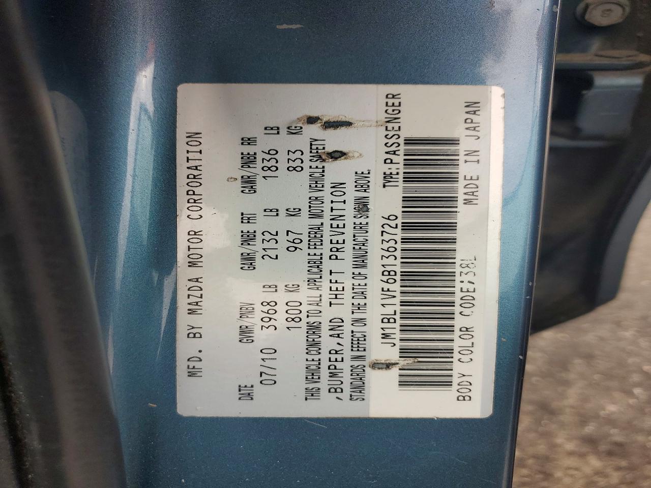 2011 Mazda Mazda3 Touring Blue vin: JM1BL1VF6B1363726