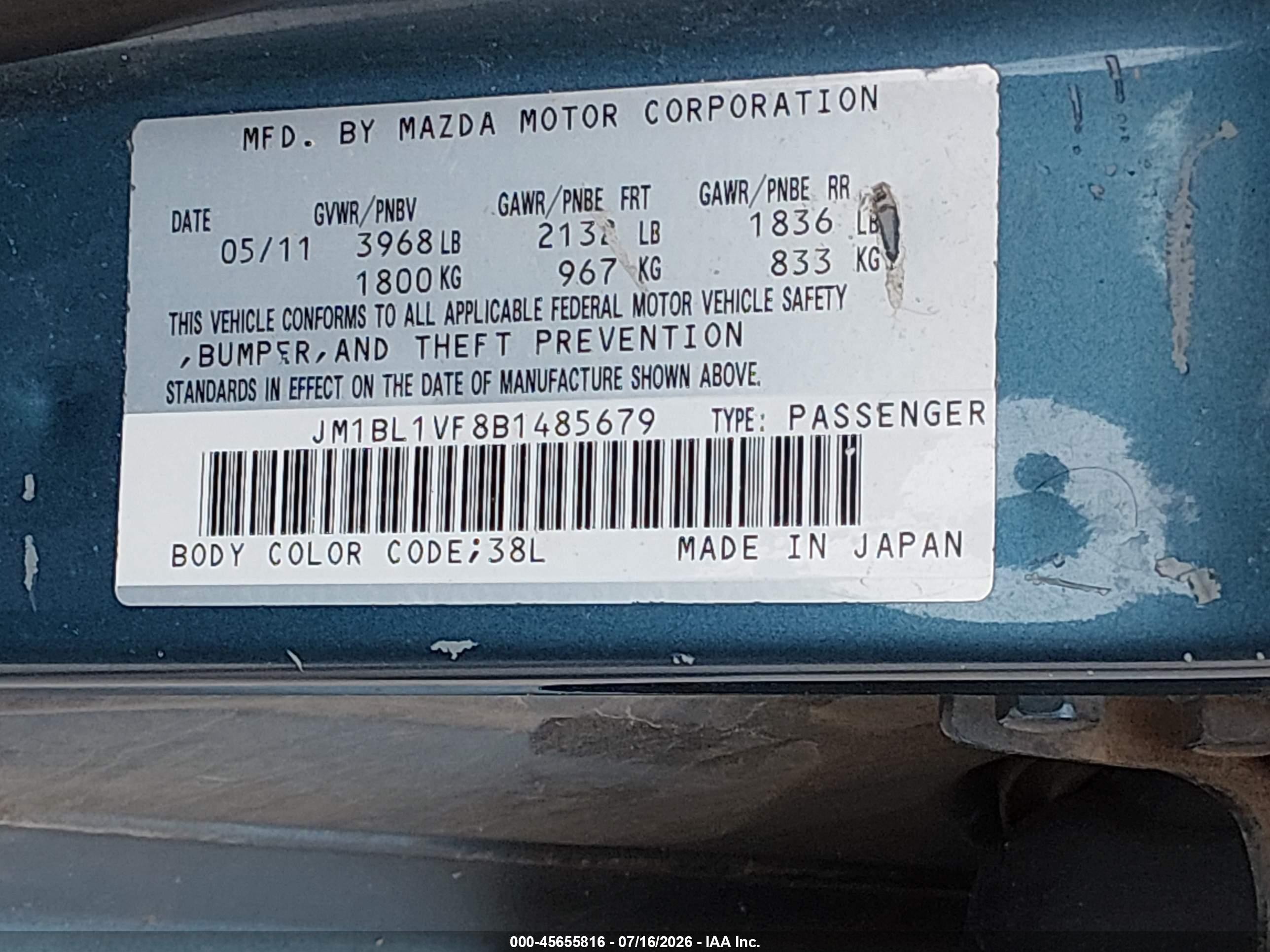 2011 Mazda Mazda3 I Touring Teal vin: JM1BL1VF8B1485679
