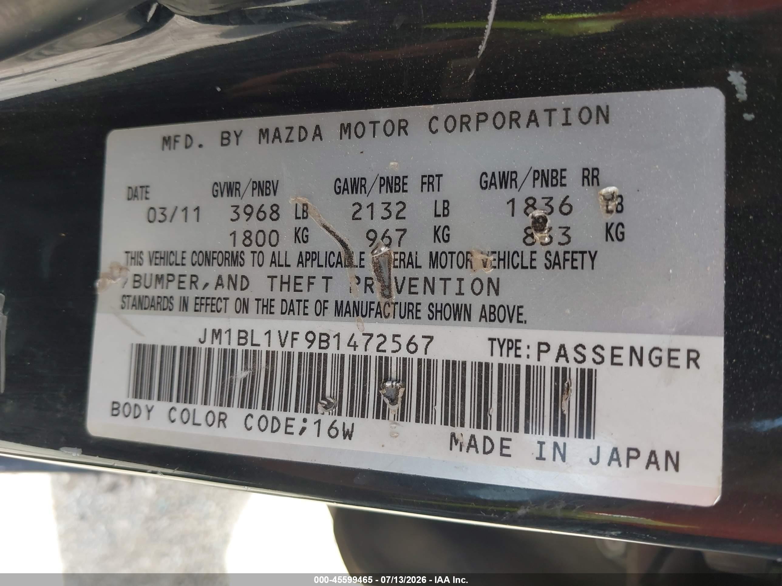 2011 Mazda Mazda3 I Touring Black vin: JM1BL1VF9B1472567