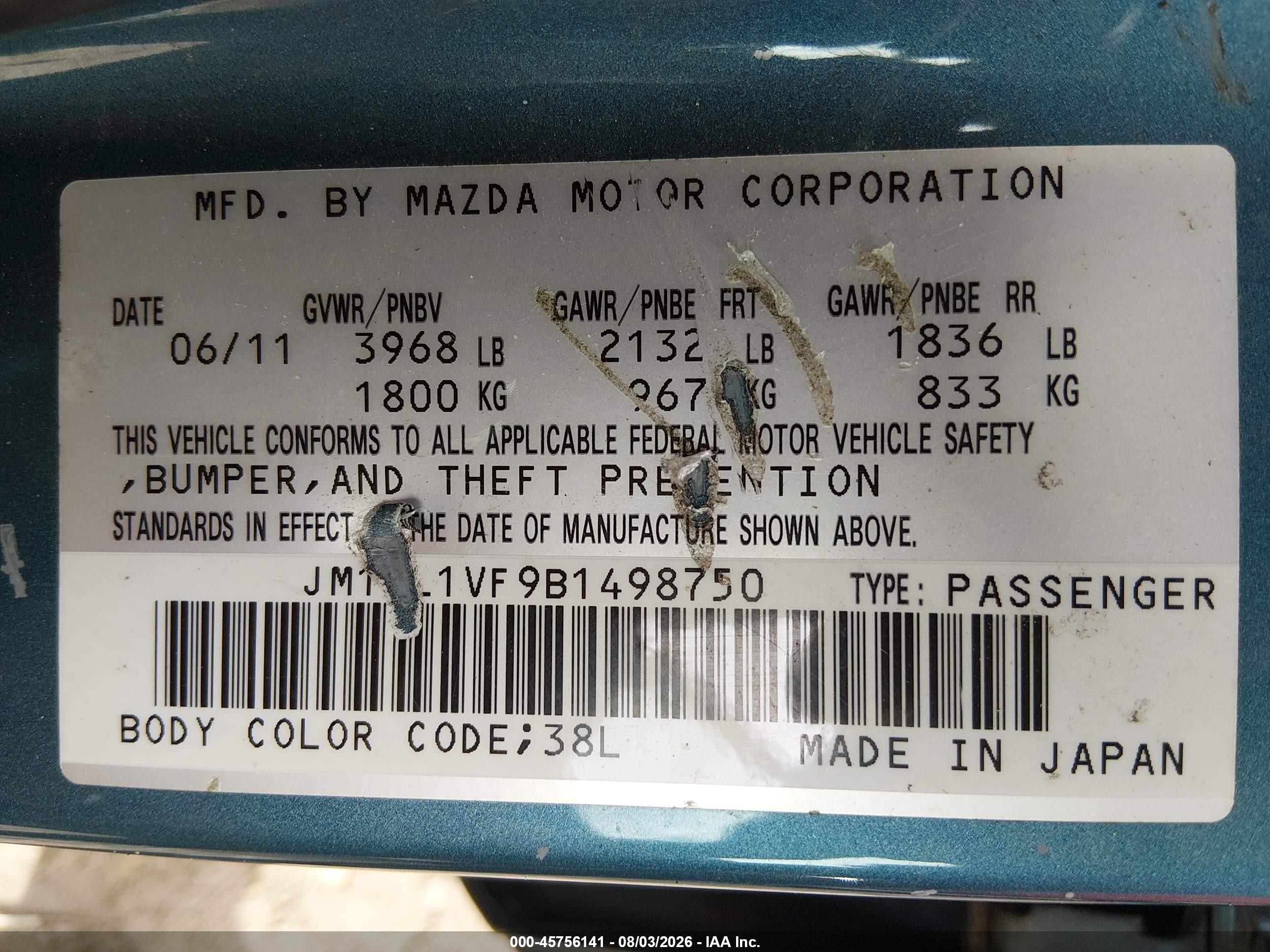 2011 Mazda Mazda3 I Touring Blue vin: JM1BL1VF9B1498750