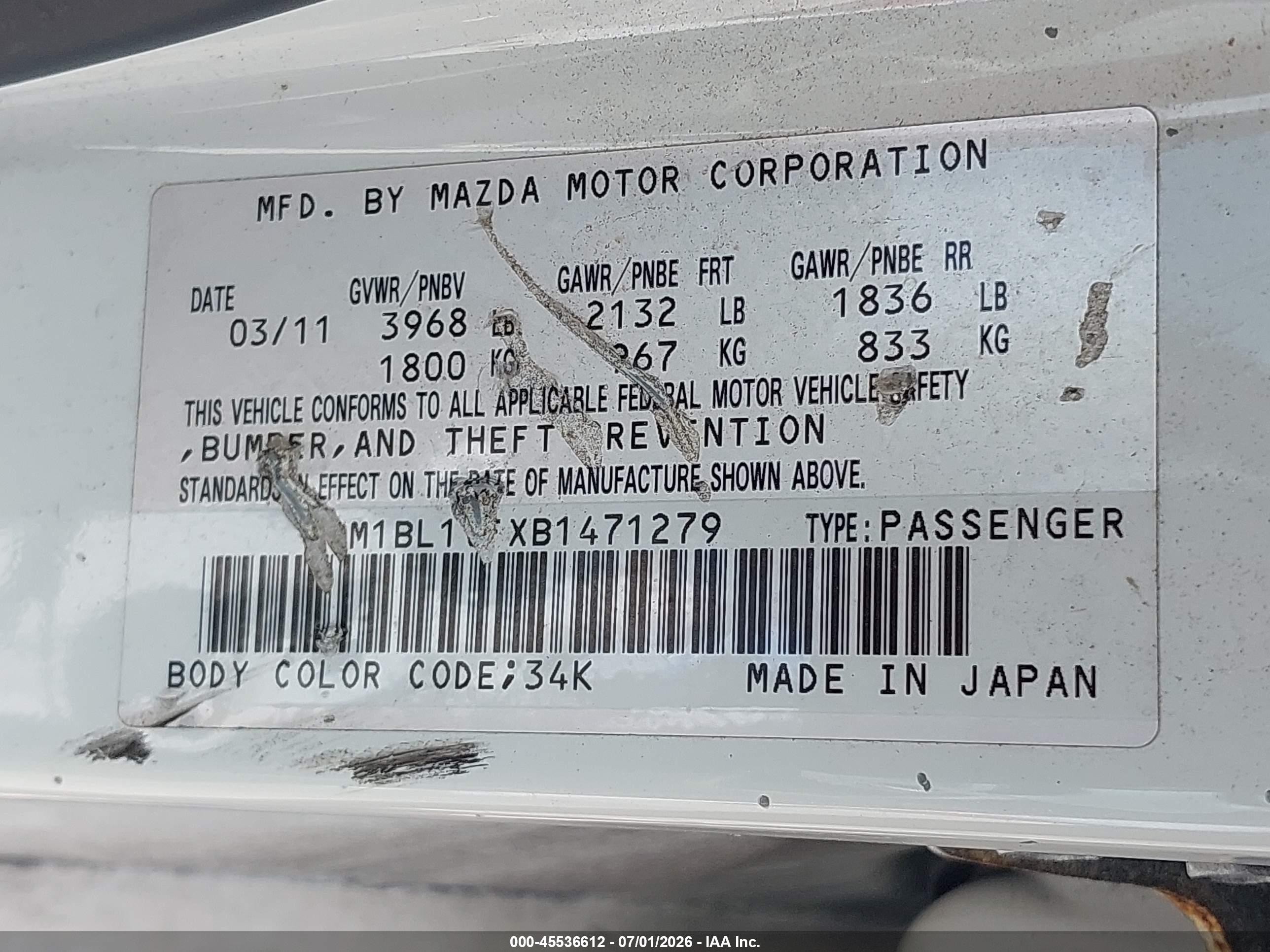 2011 Mazda Mazda3 I Touring White vin: JM1BL1VFXB1471279