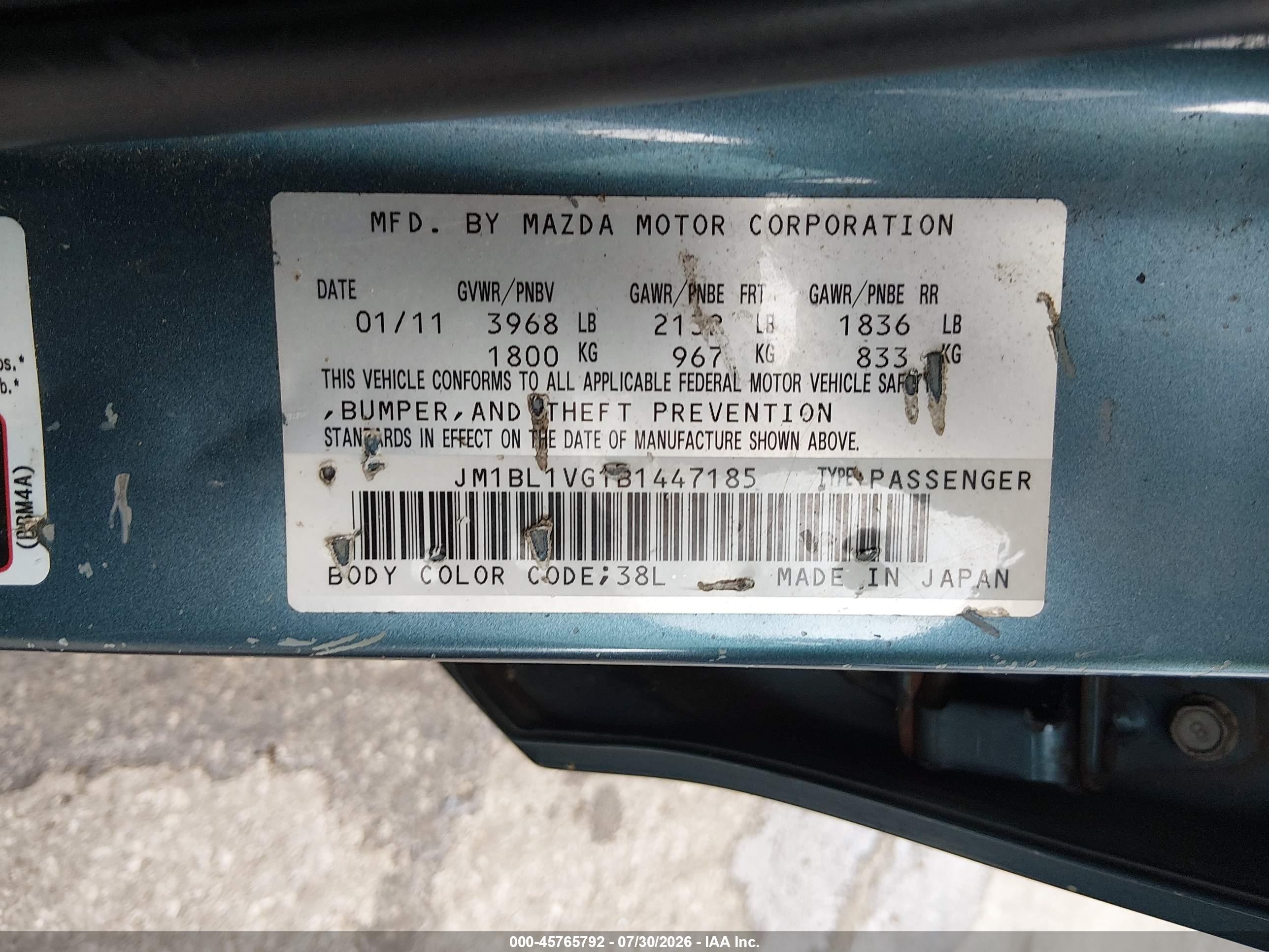 2011 Mazda Mazda3 I Touring Blue vin: JM1BL1VG1B1447185