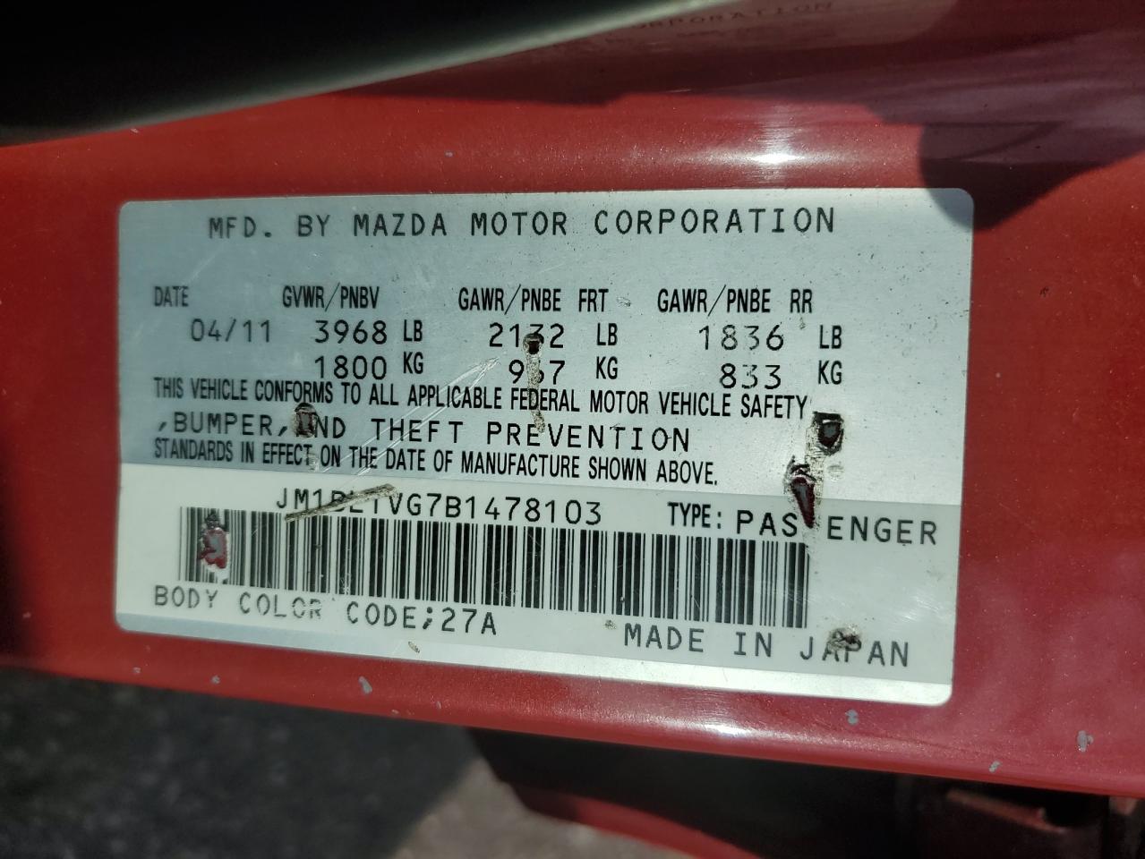 2011 Mazda 3 I Красный vin: JM1BL1VG7B1478103