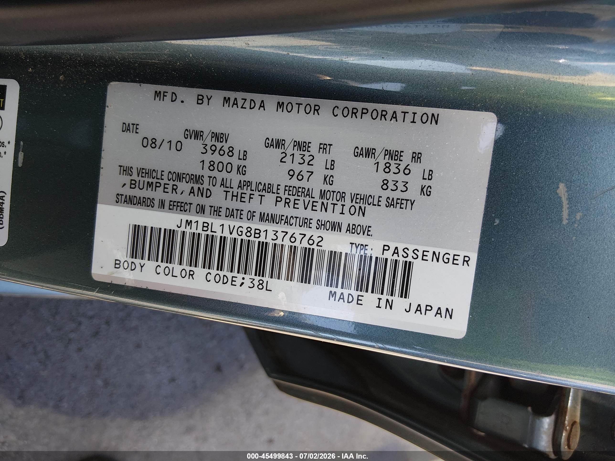 2011 Mazda Mazda3 I Touring Blue vin: JM1BL1VG8B1376762