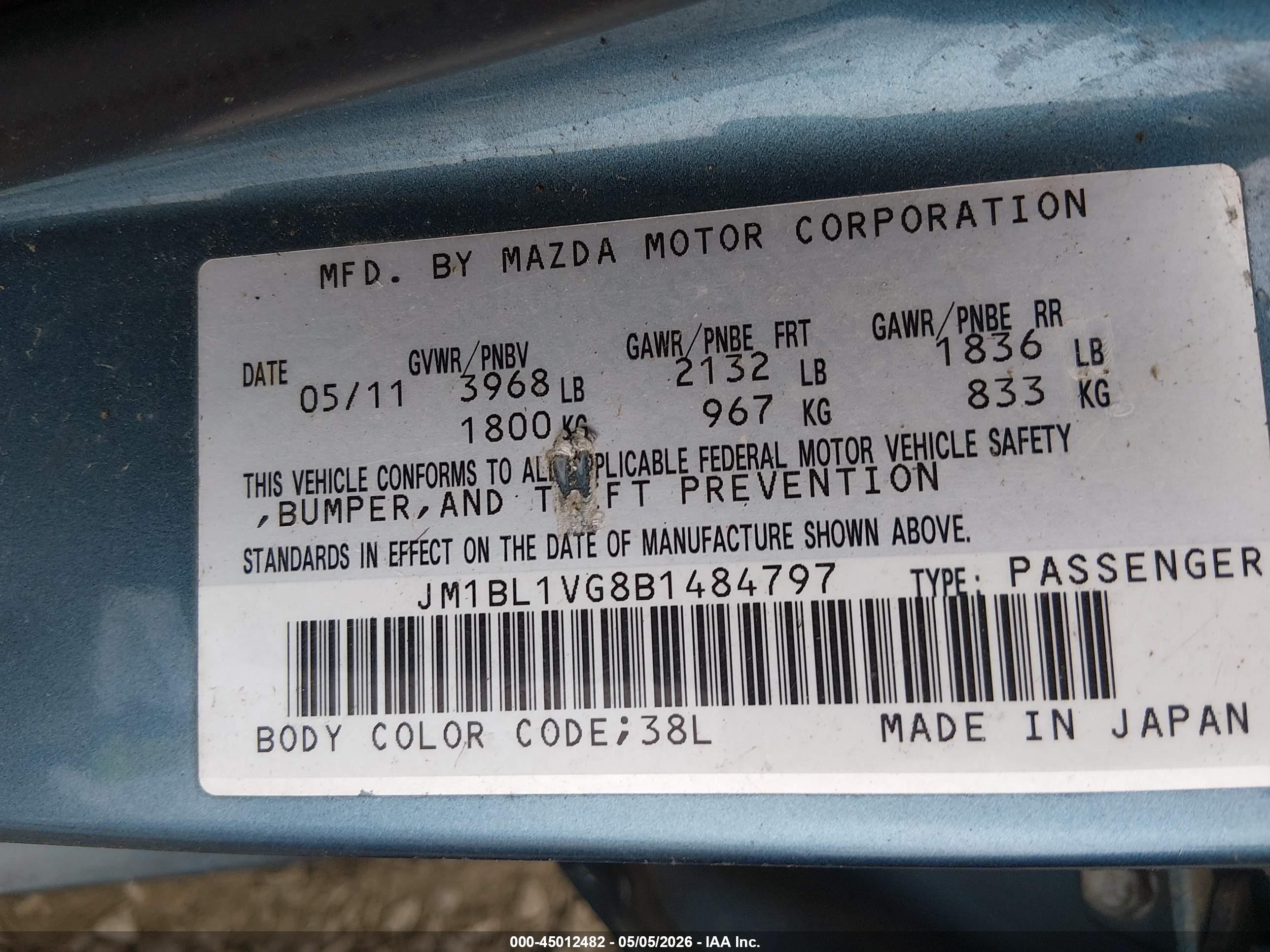 2011 Mazda Mazda3 I Touring Blue vin: JM1BL1VG8B1484797