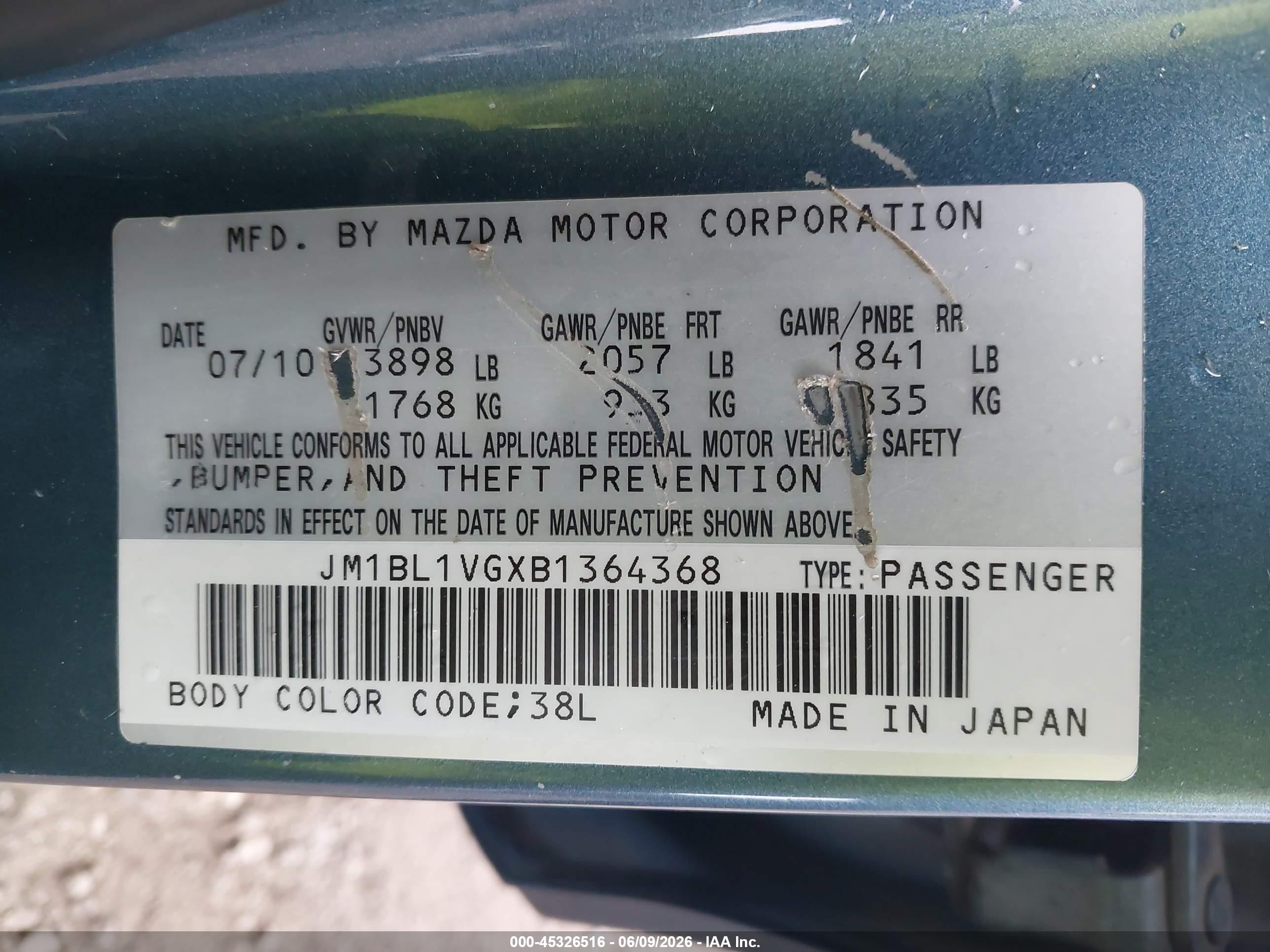 2011 Mazda Mazda3 I Touring Blue vin: JM1BL1VGXB1364368