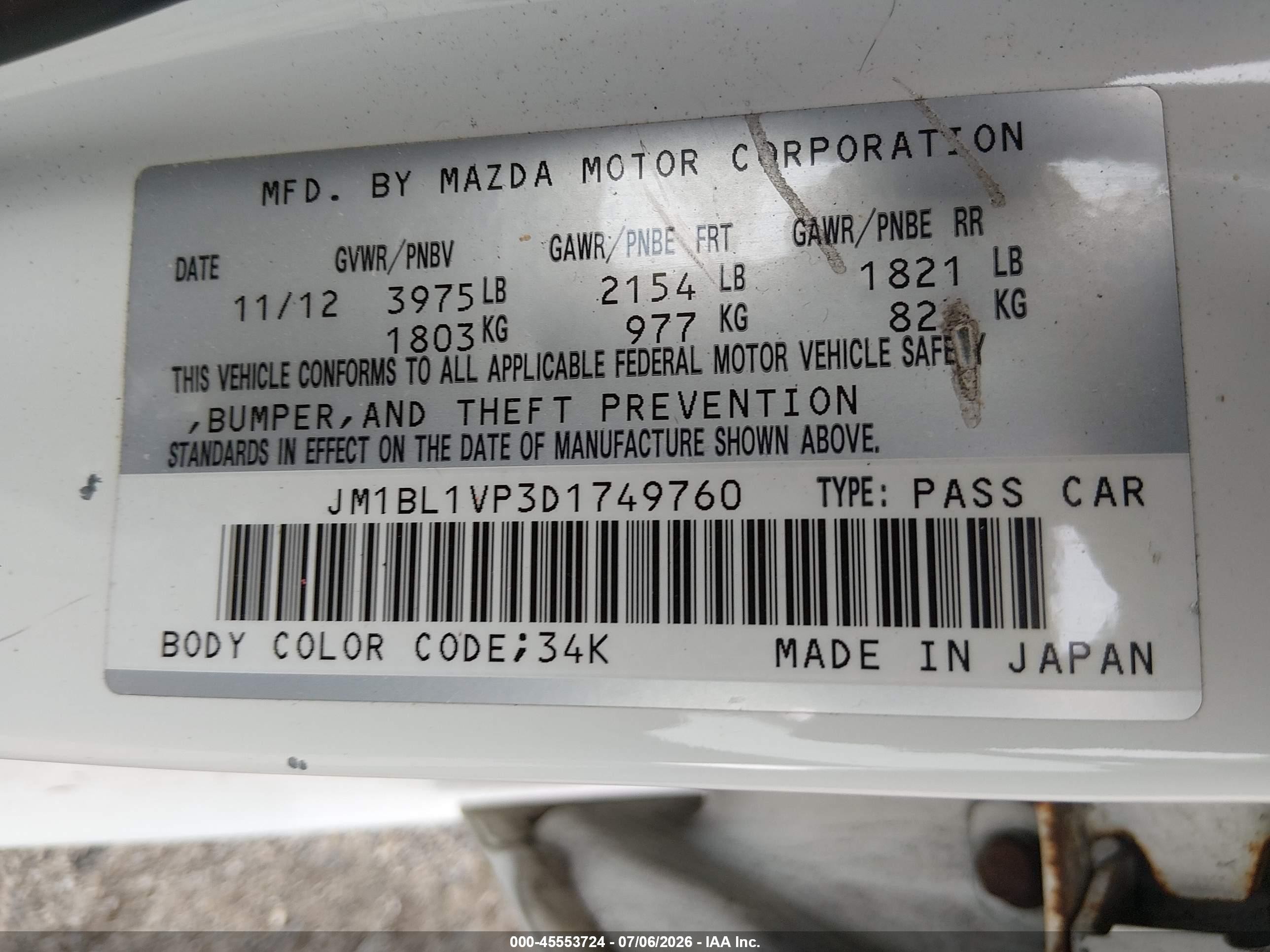 2013 Mazda Mazda3 I Touring White vin: JM1BL1VP3D1749760