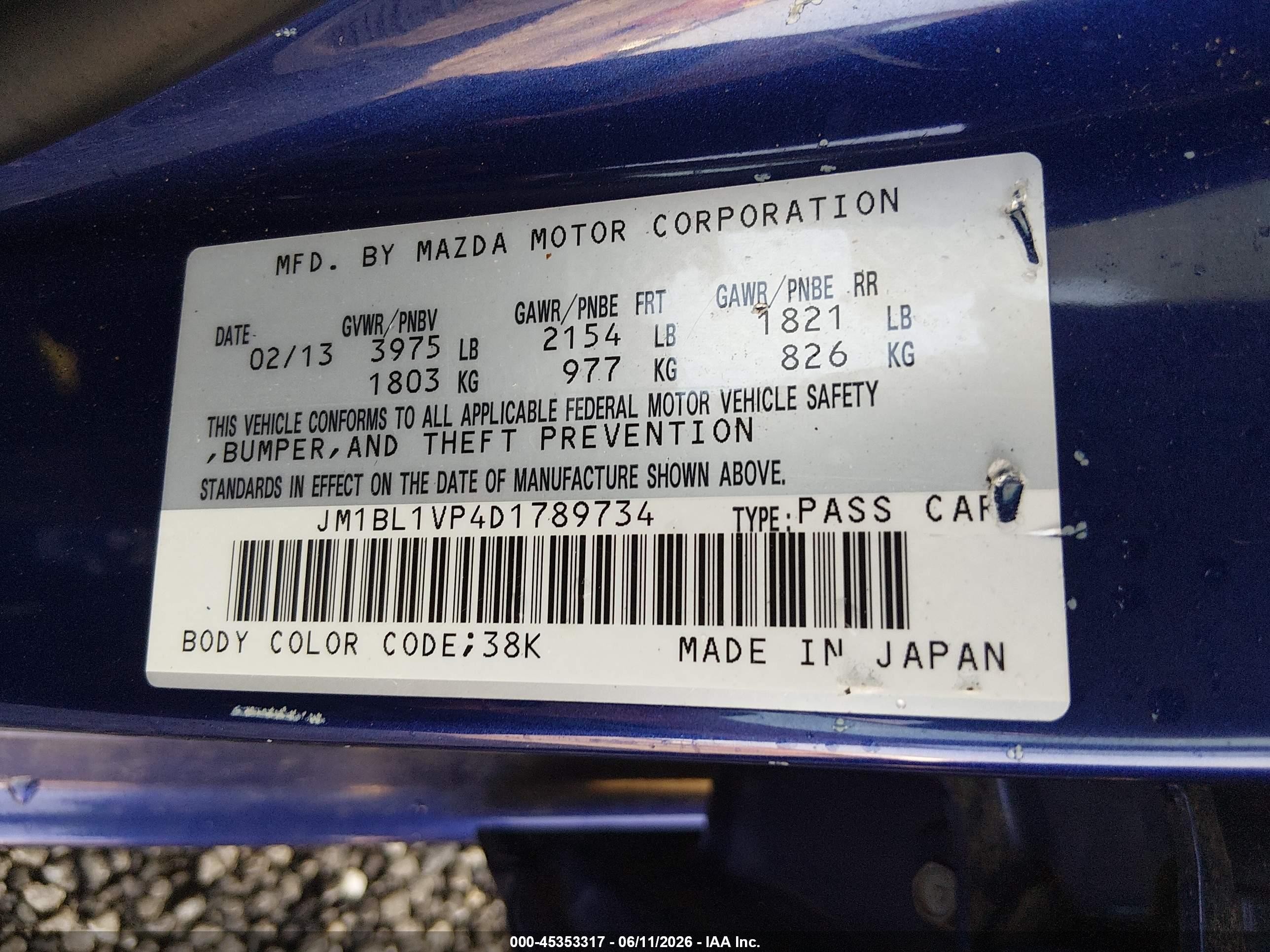 2013 Mazda Mazda3 I Touring Dark Blue vin: JM1BL1VP4D1789734