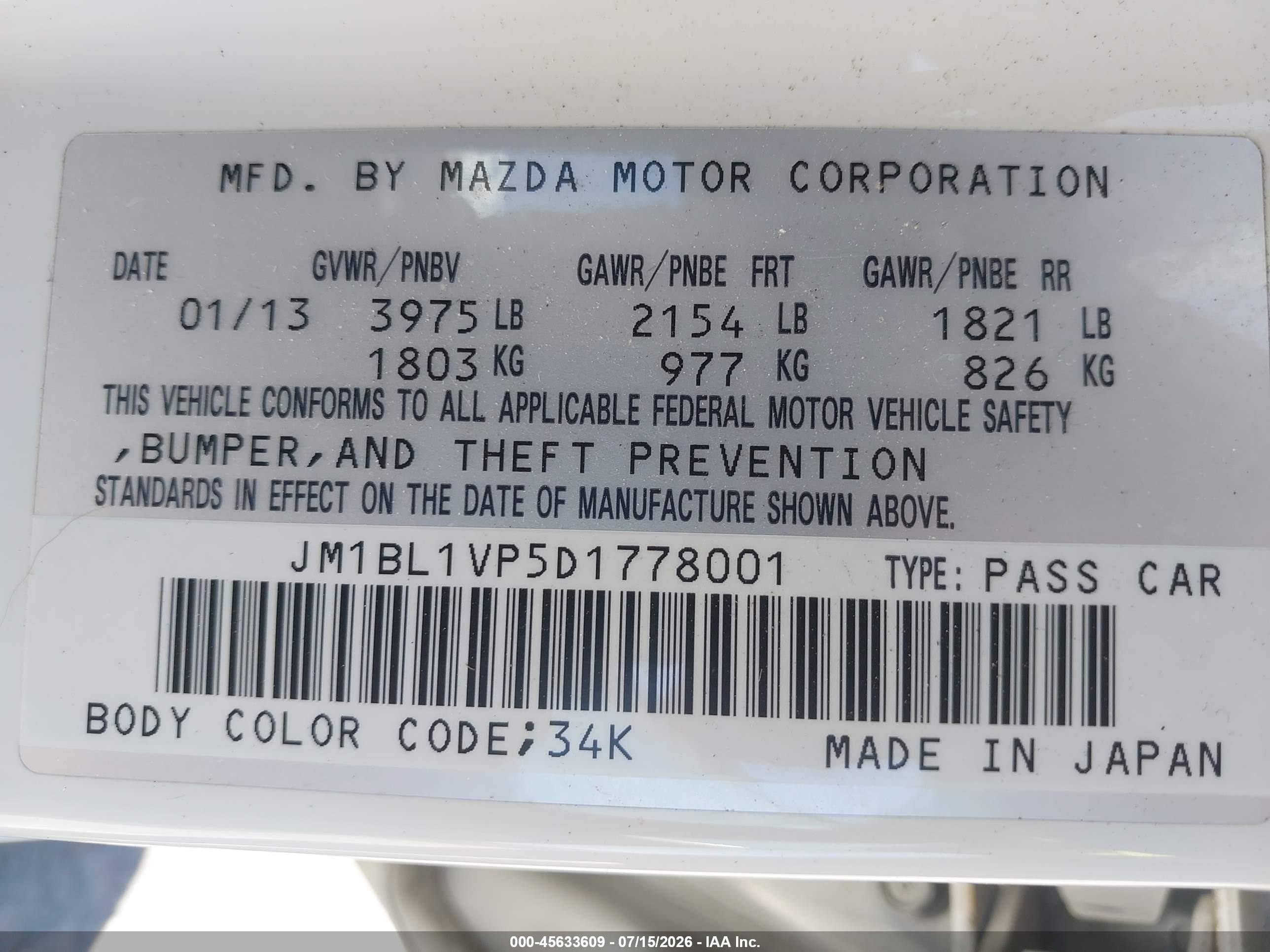 2013 Mazda Mazda3 I Touring White vin: JM1BL1VP5D1778001