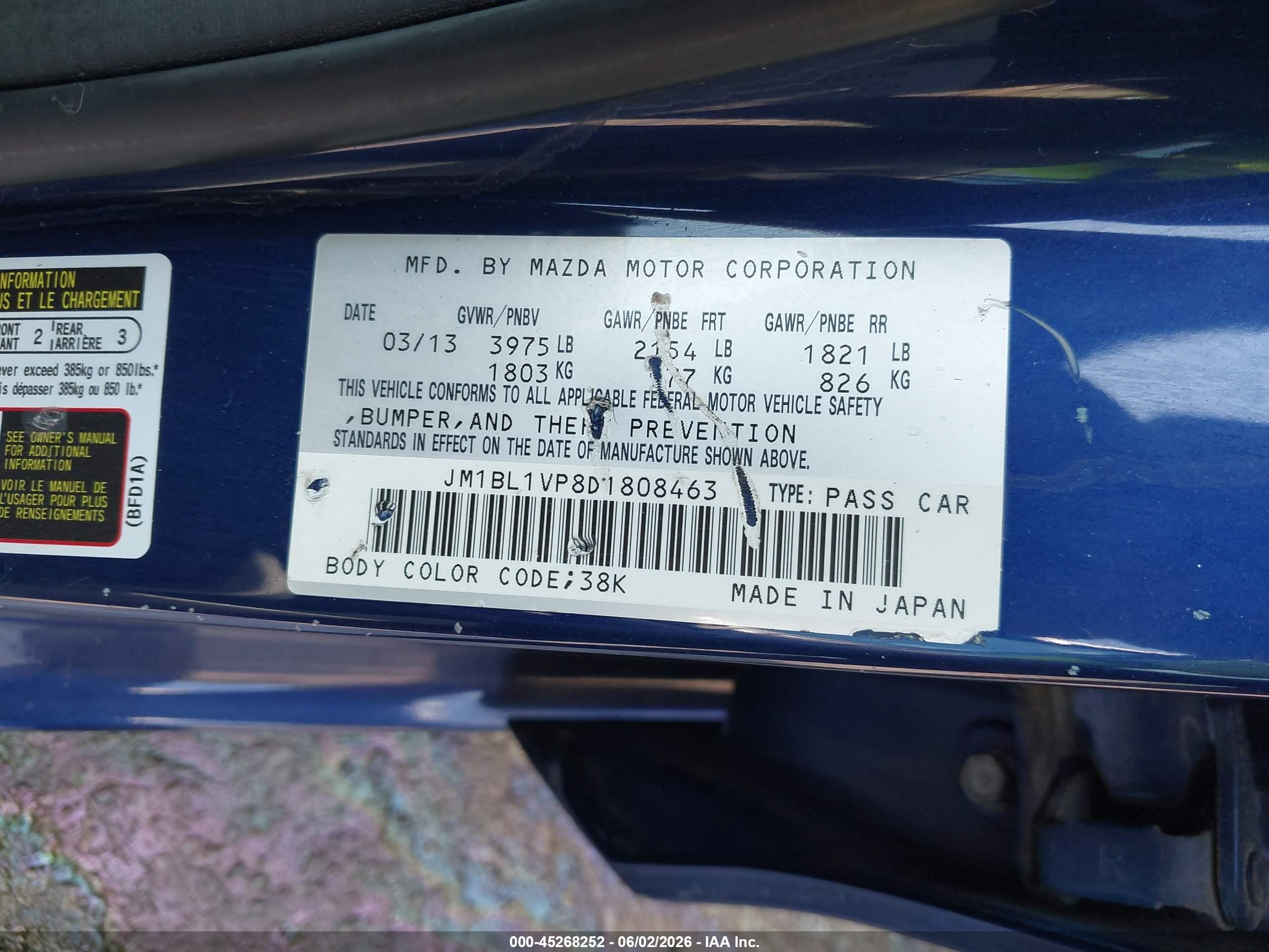 2013 Mazda Mazda3 I Touring Blue vin: JM1BL1VP8D1808463