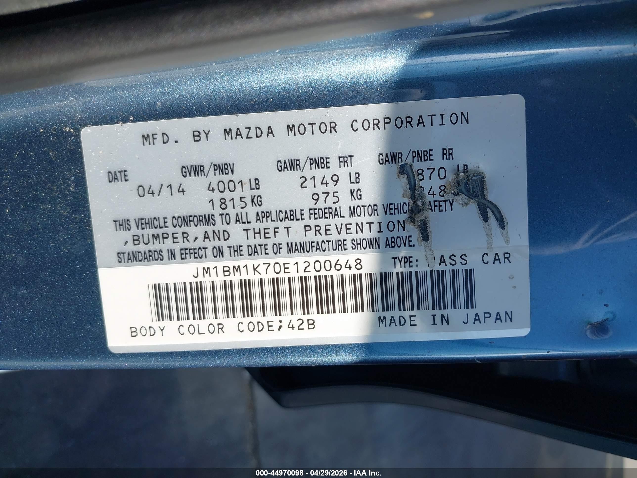 2014 Mazda Mazda3 I Sport Teal vin: JM1BM1K70E1200648