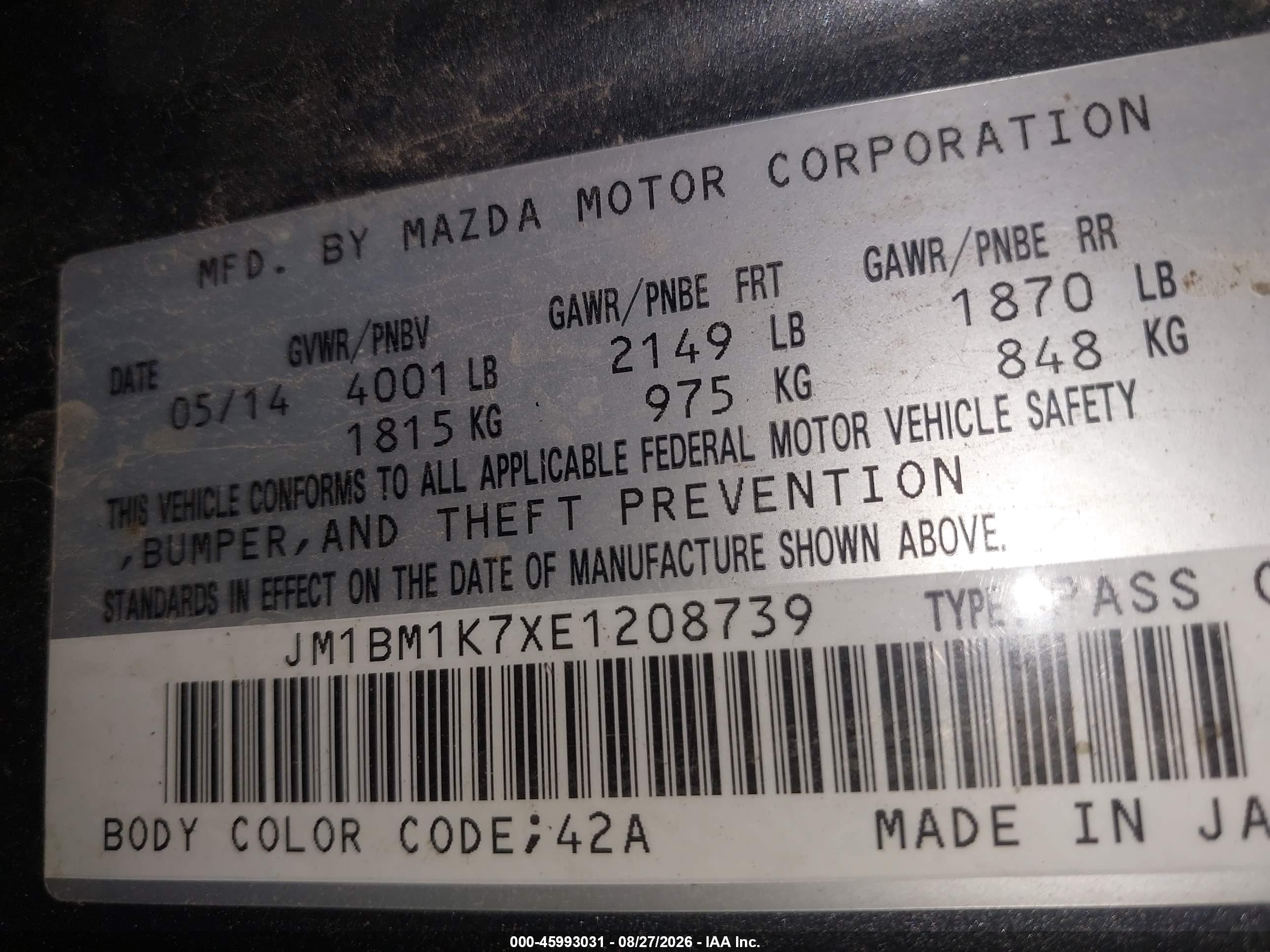 2014 Mazda Mazda3 I Sport Gray vin: JM1BM1K7XE1208739