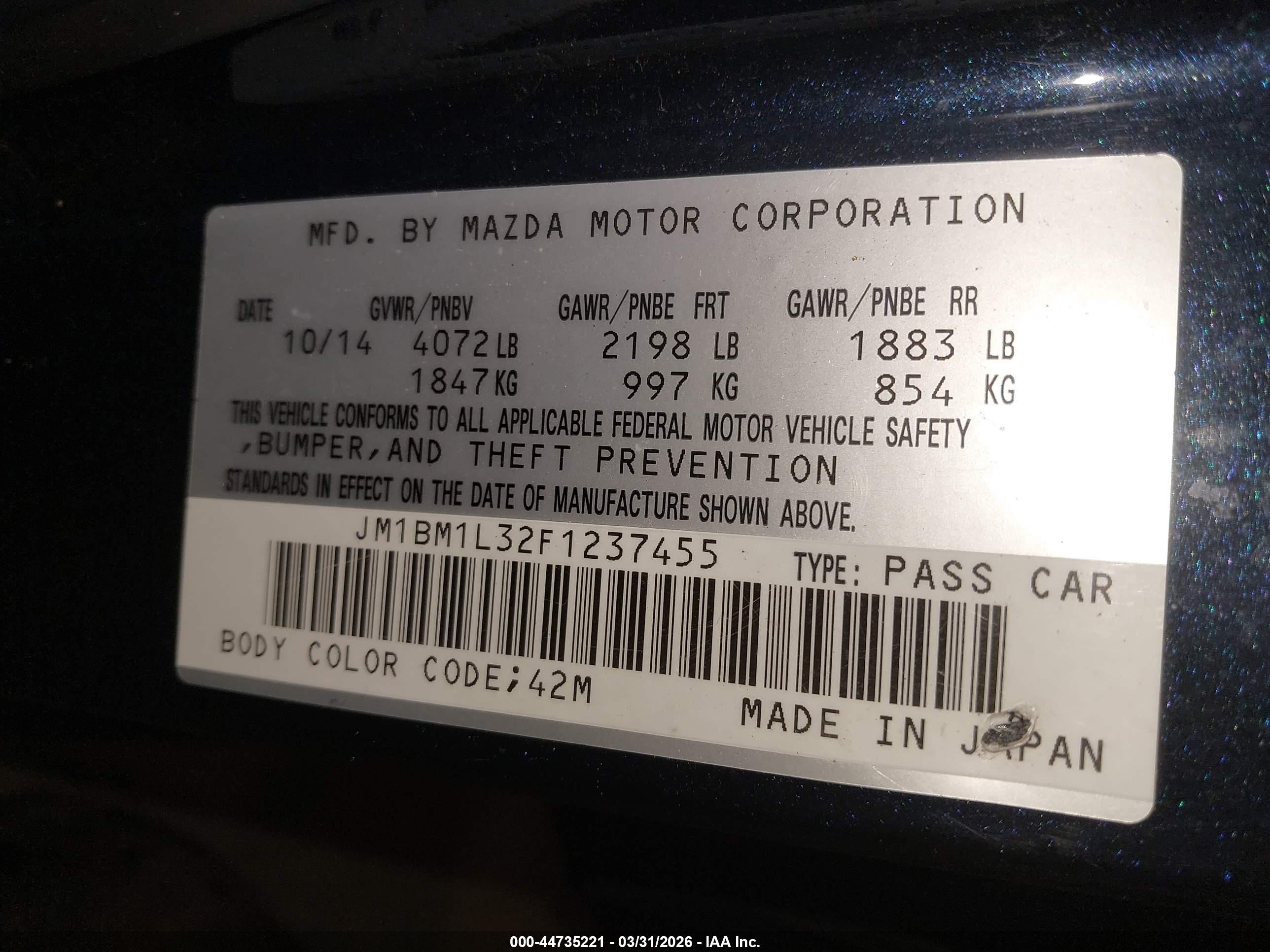 2015 Mazda Mazda3 S Touring Blue vin: JM1BM1L32F1237455