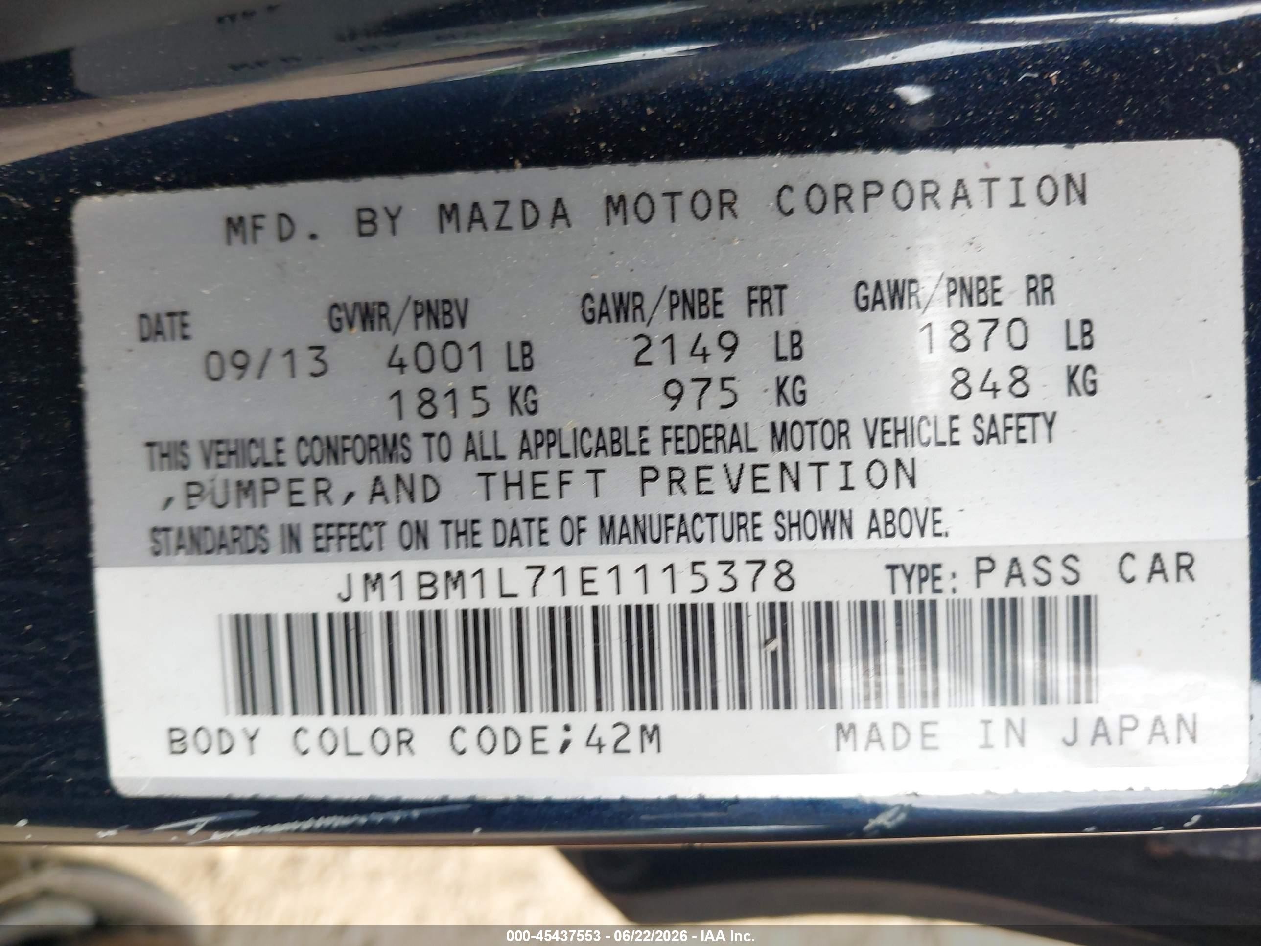 2014 Mazda Mazda3 I Touring Blue vin: JM1BM1L71E1115378