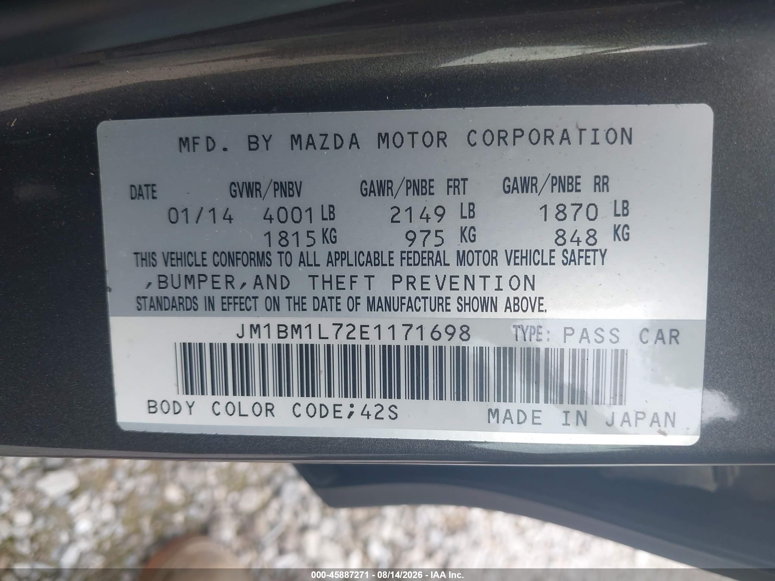 2014 Mazda Mazda3 I Touring Gray vin: JM1BM1L72E1171698