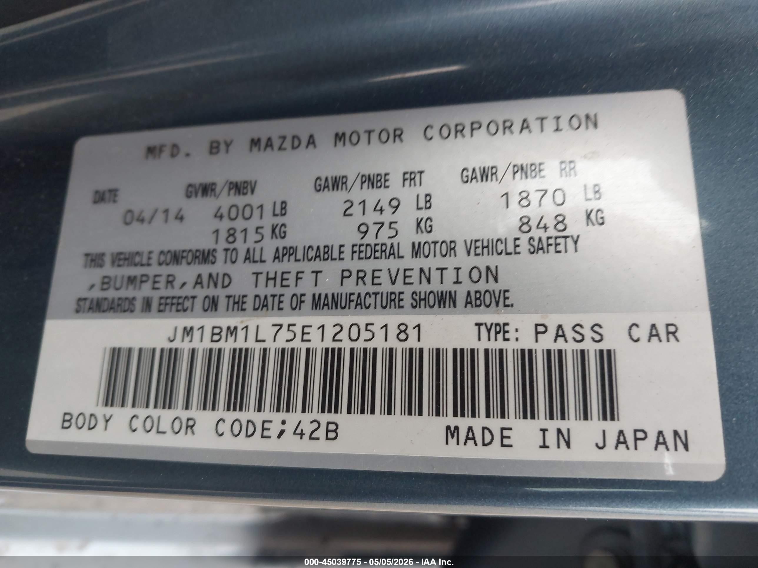 2014 Mazda Mazda3 Blue vin: JM1BM1L75E1205181