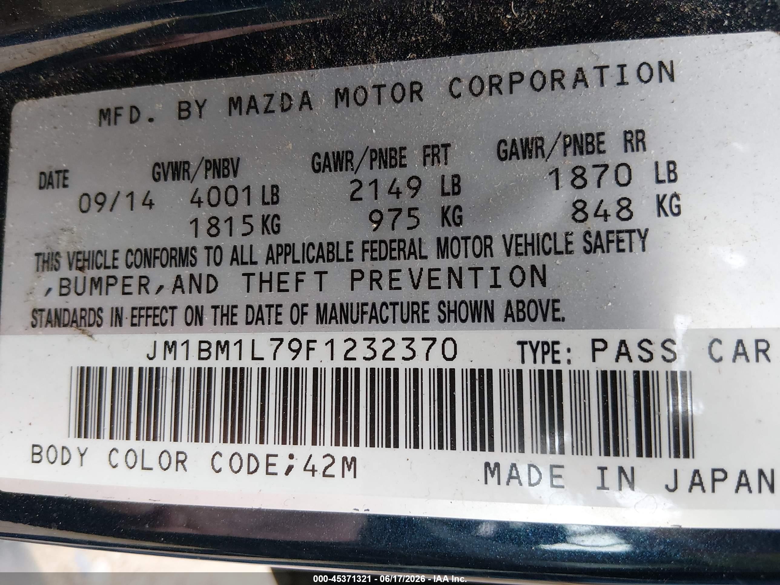 2015 Mazda Mazda3 I Touring Blue vin: JM1BM1L79F1232370