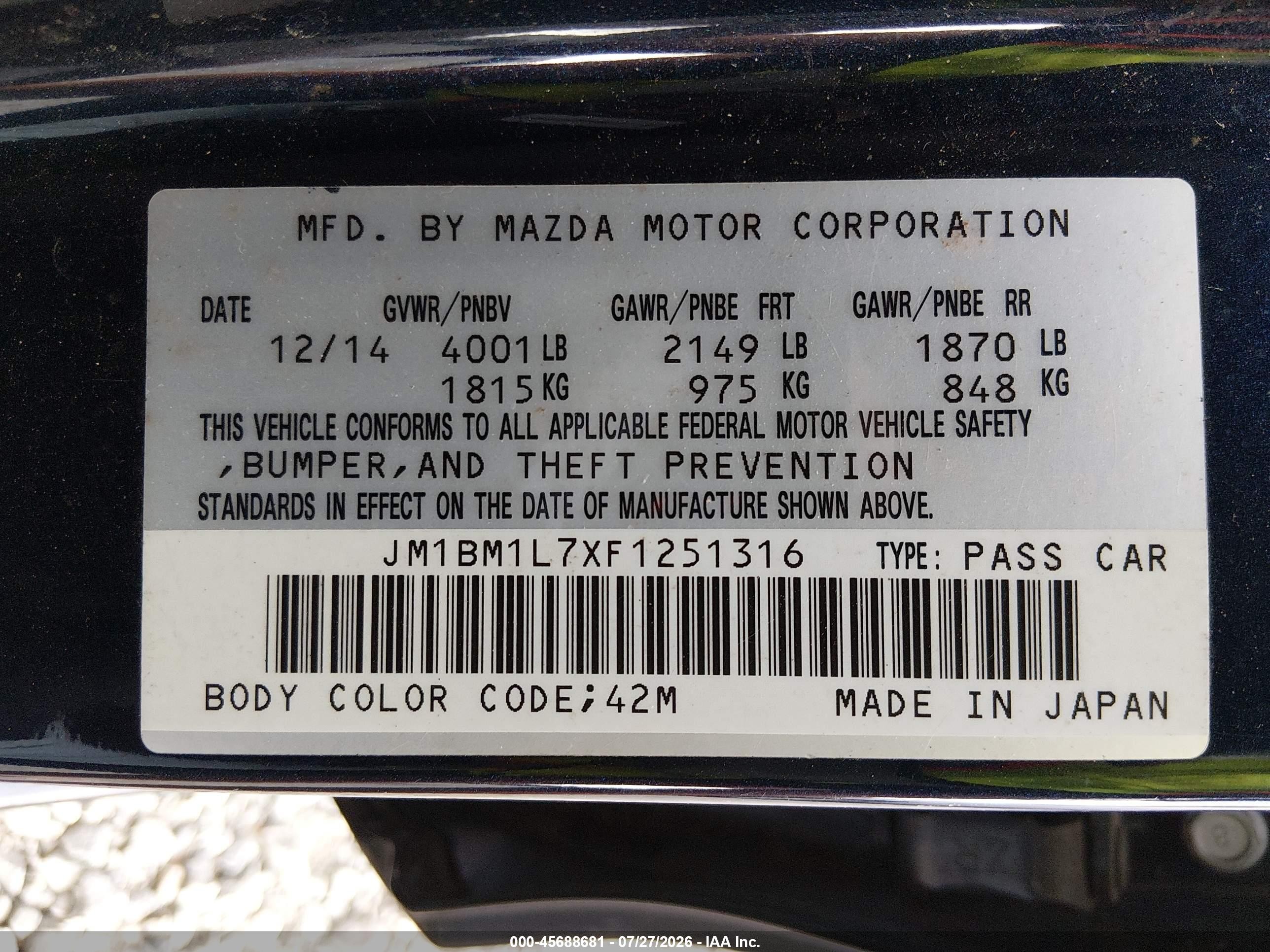 2015 Mazda Mazda3 I Touring Dark Blue vin: JM1BM1L7XF1251316