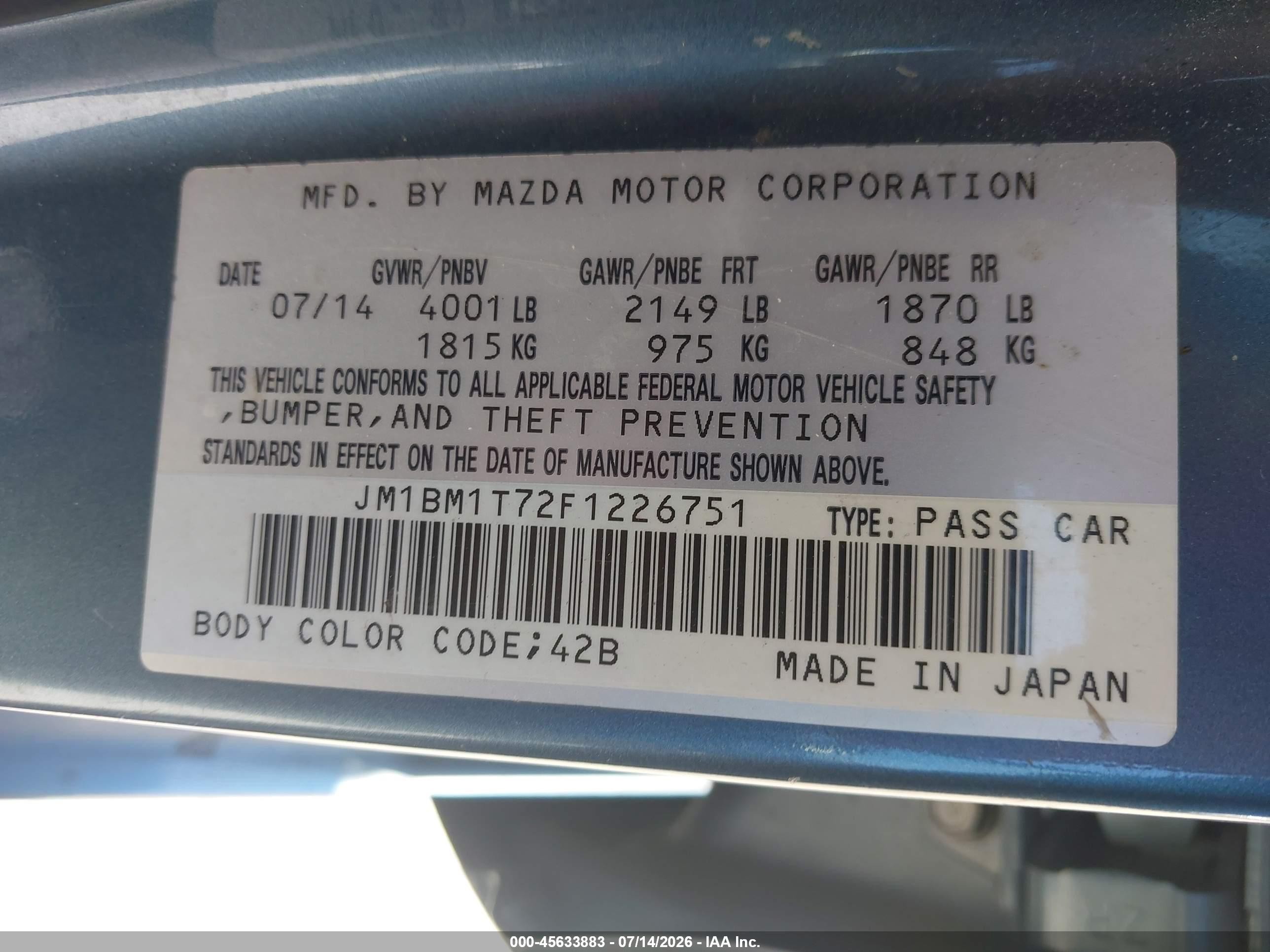 2015 Mazda Mazda3 I Sv Blue vin: JM1BM1T72F1226751