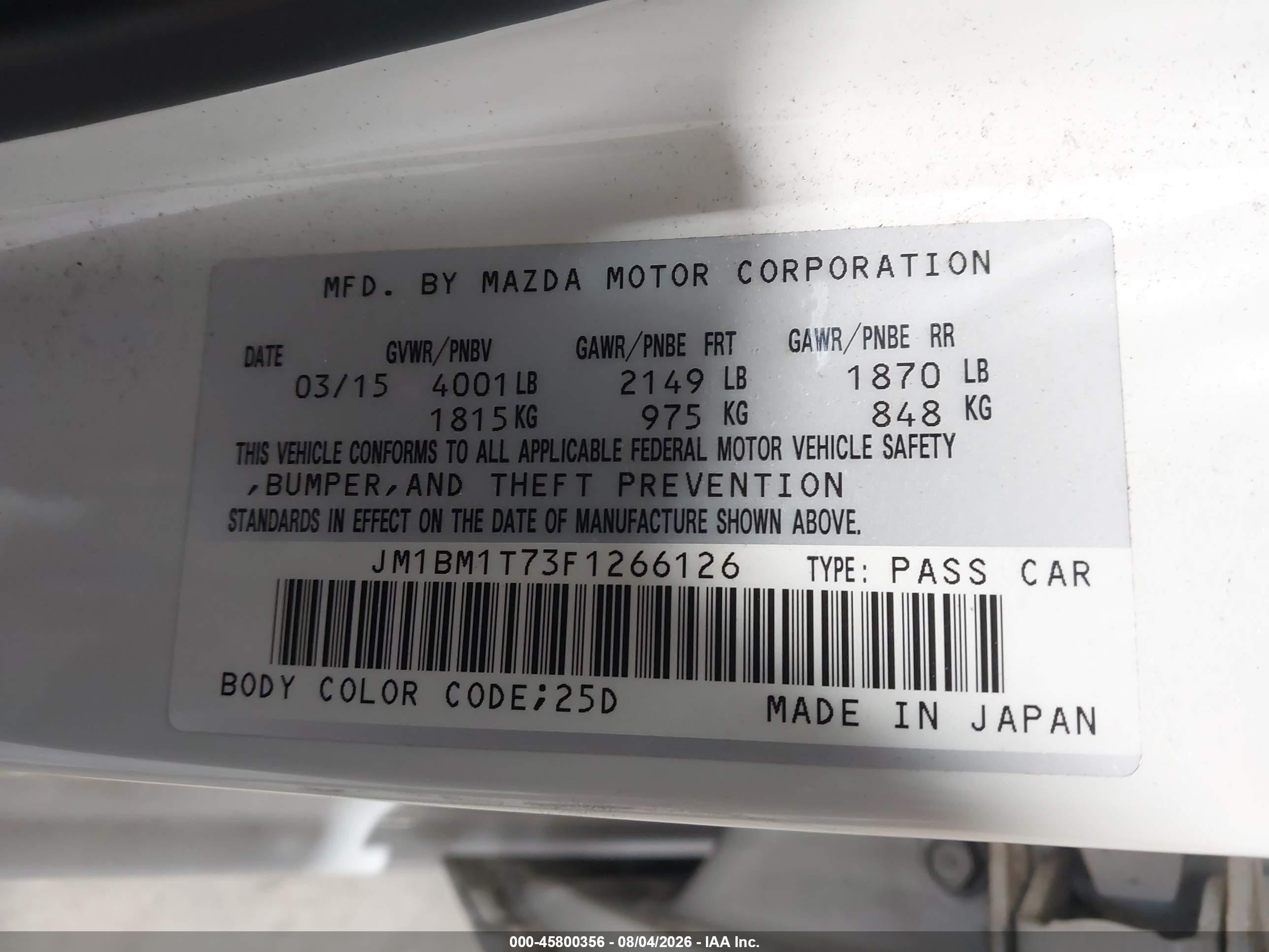2015 Mazda Mazda3 I Sv Белый vin: JM1BM1T73F1266126