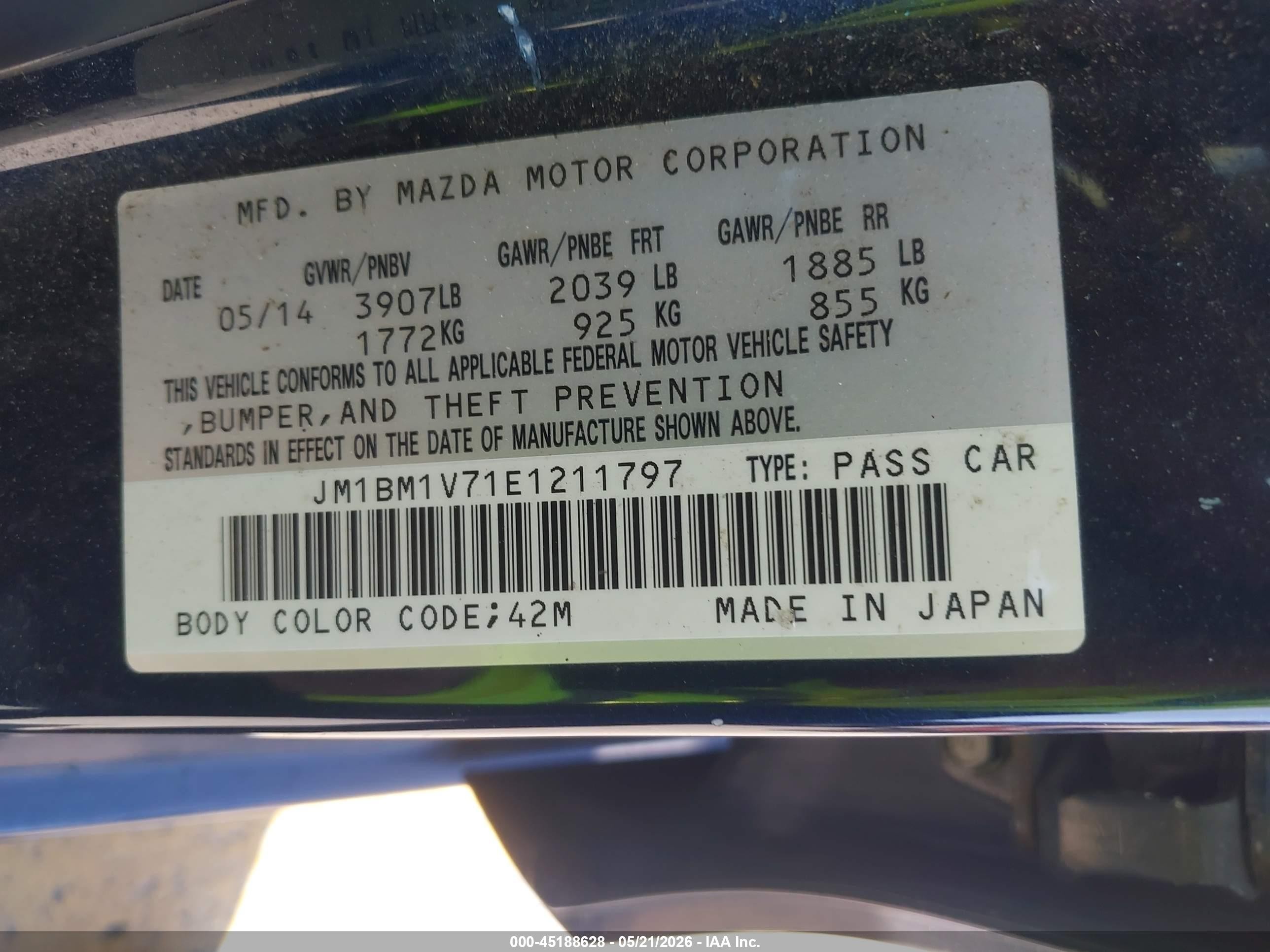 2014 Mazda Mazda3 I Touring Blue vin: JM1BM1V71E1211797