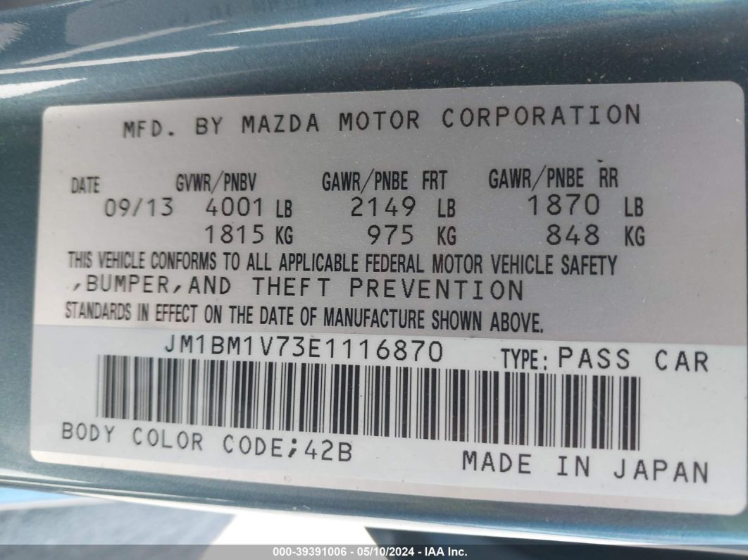 2014 Mazda Mazda3 I Touring Light Blue vin: JM1BM1V73E1116870