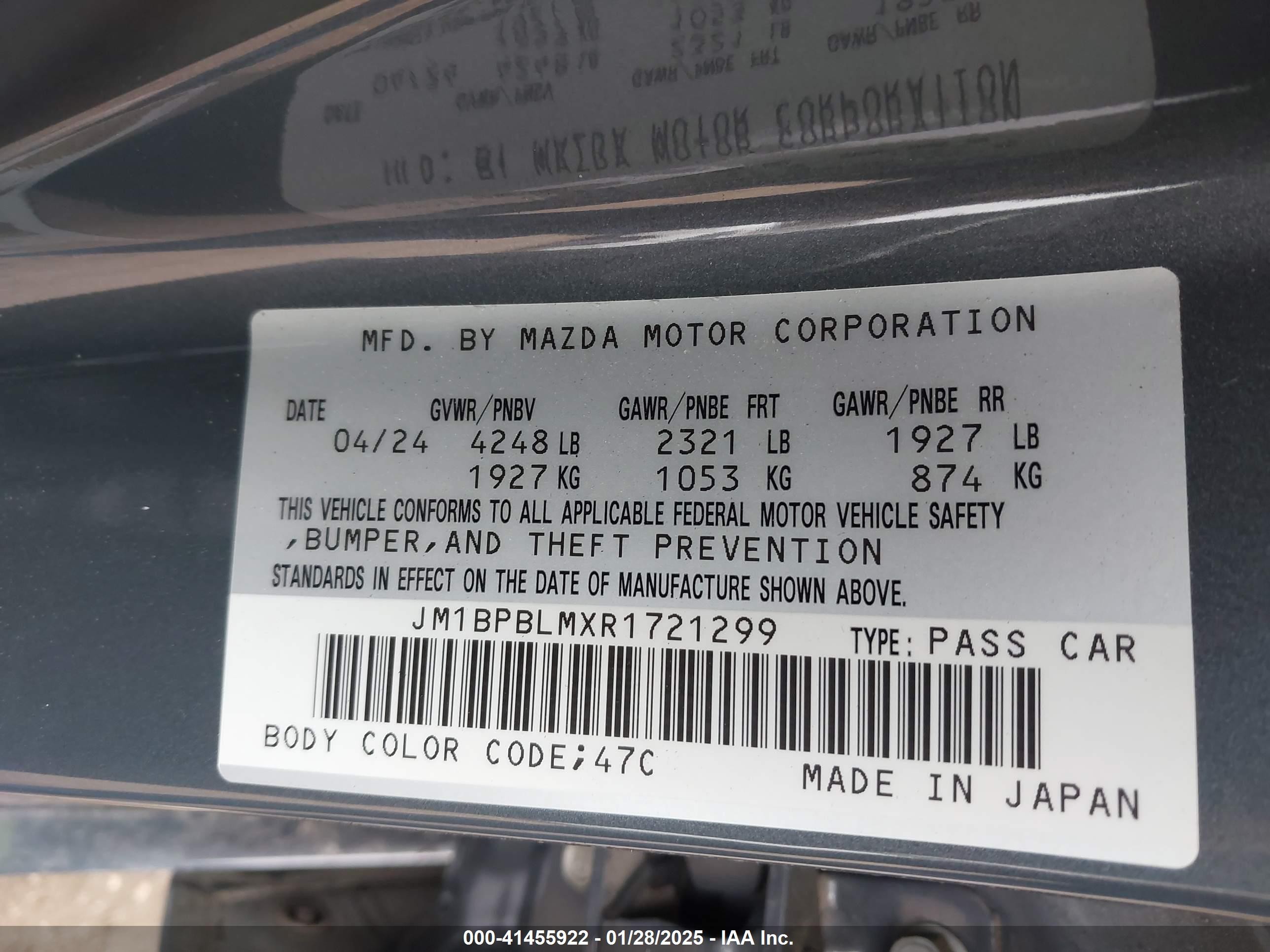 JM1BPBLMXR1721299 — 2024 MAZDA MAZDA3 History & VIN | AutoHelperBot