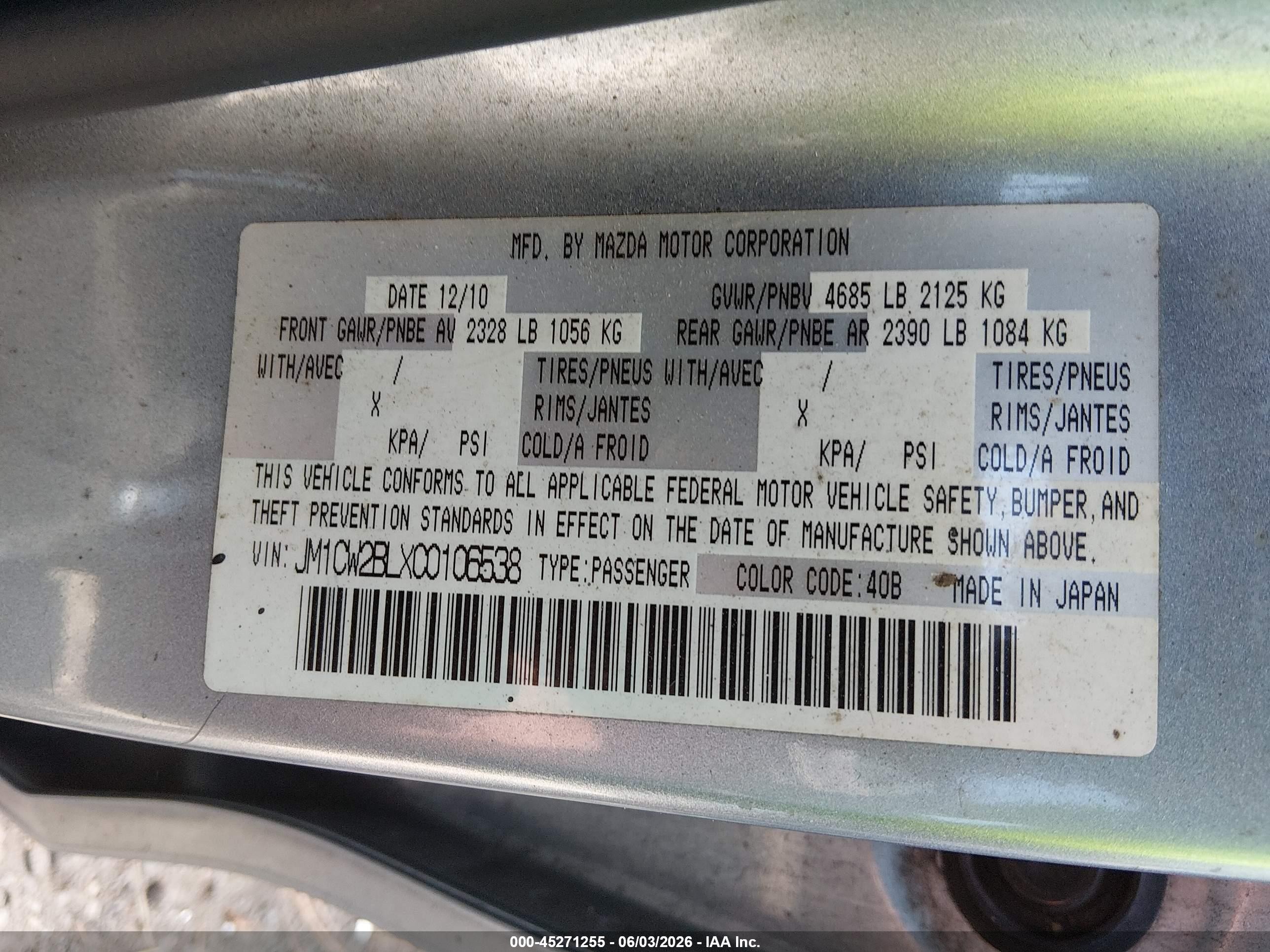 2012 Mazda Mazda5 Sport Blue vin: JM1CW2BLXC0106538