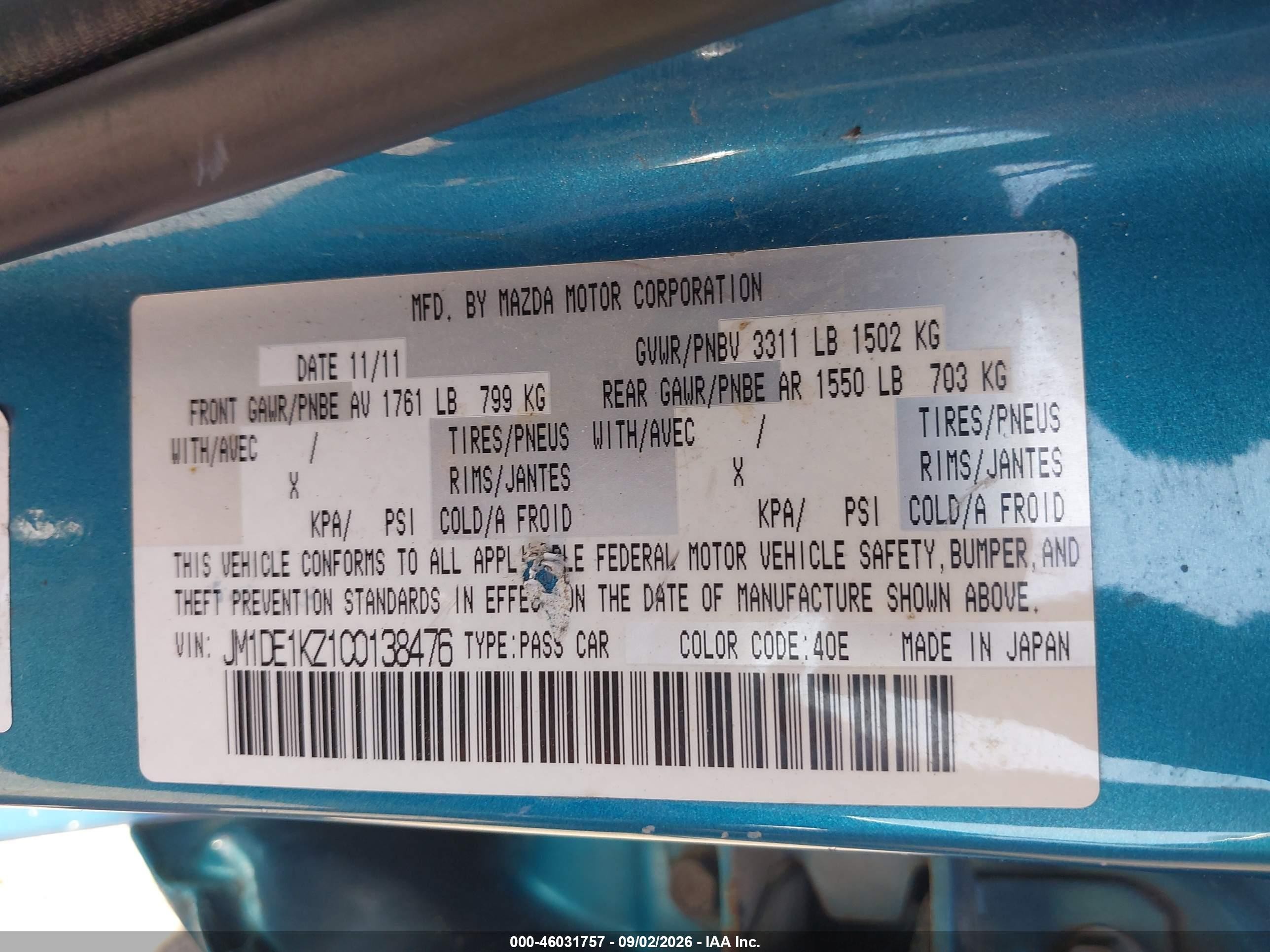 2012 Mazda Mazda2 Sport Blue vin: JM1DE1KZ1C0138476