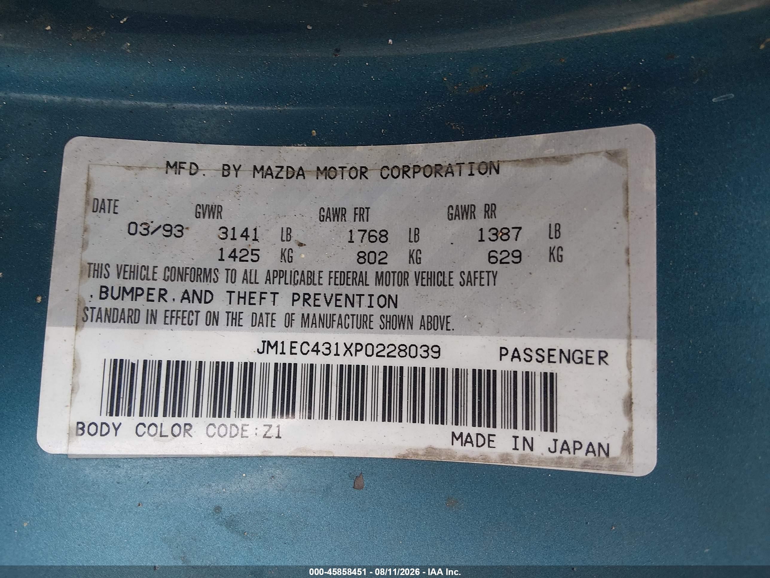 1993 Mazda Mx-3 Blue vin: JM1EC431XP0228039