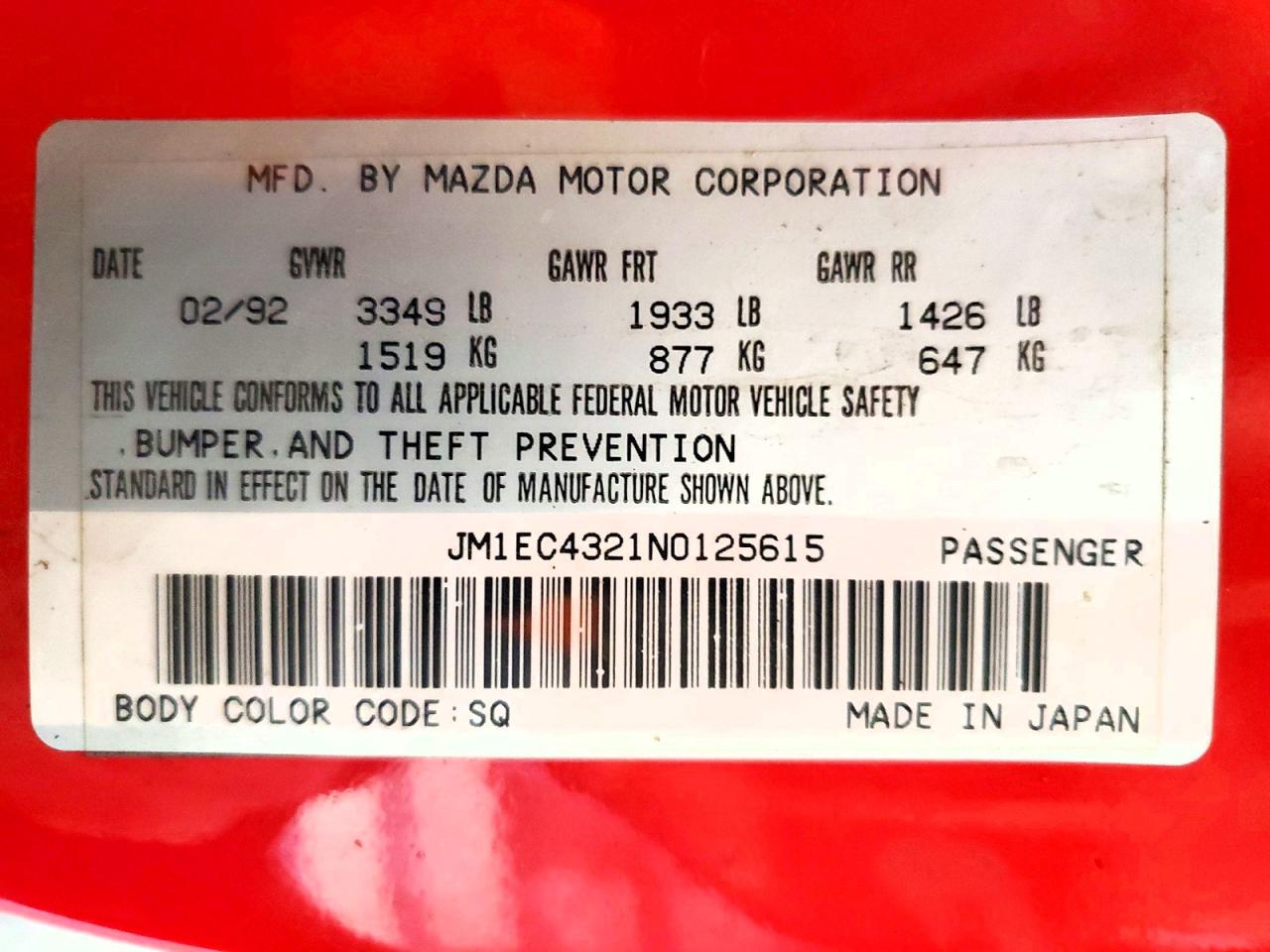 1992 Mazda Mx-3 Gs Red vin: JM1EC4321N0125615