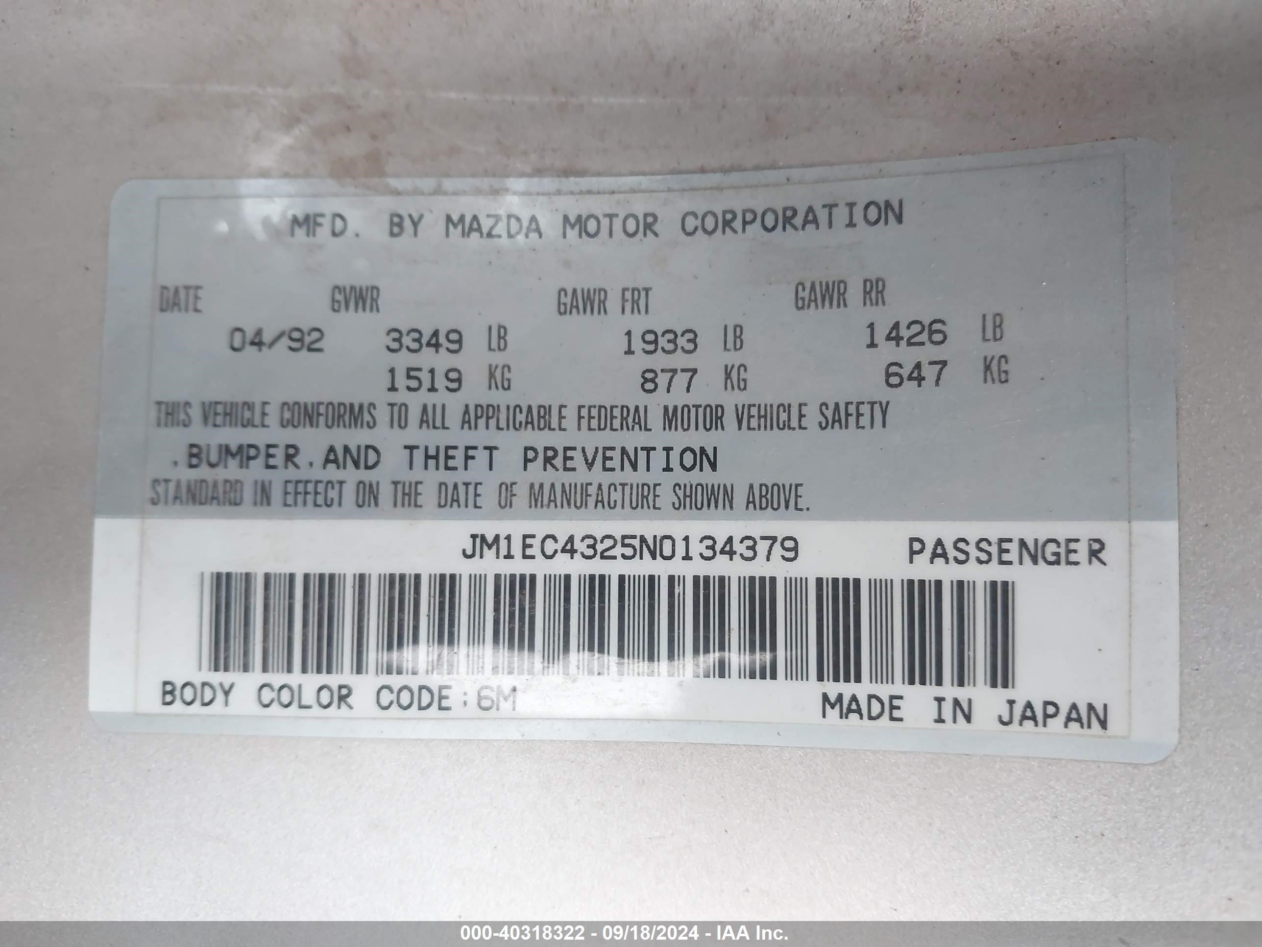 1992 Mazda Mx-3 Gs Gold vin: JM1EC4325N0134379
