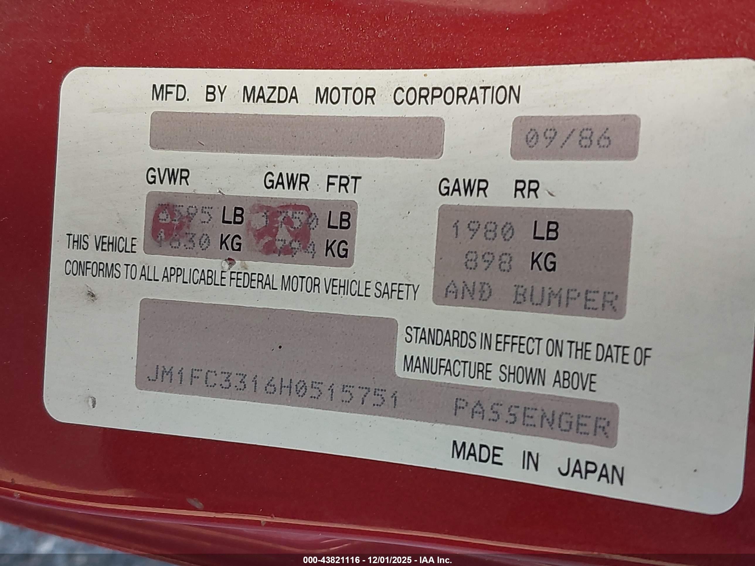 1987 Mazda Rx7   Red vin: JM1FC3316H0515751