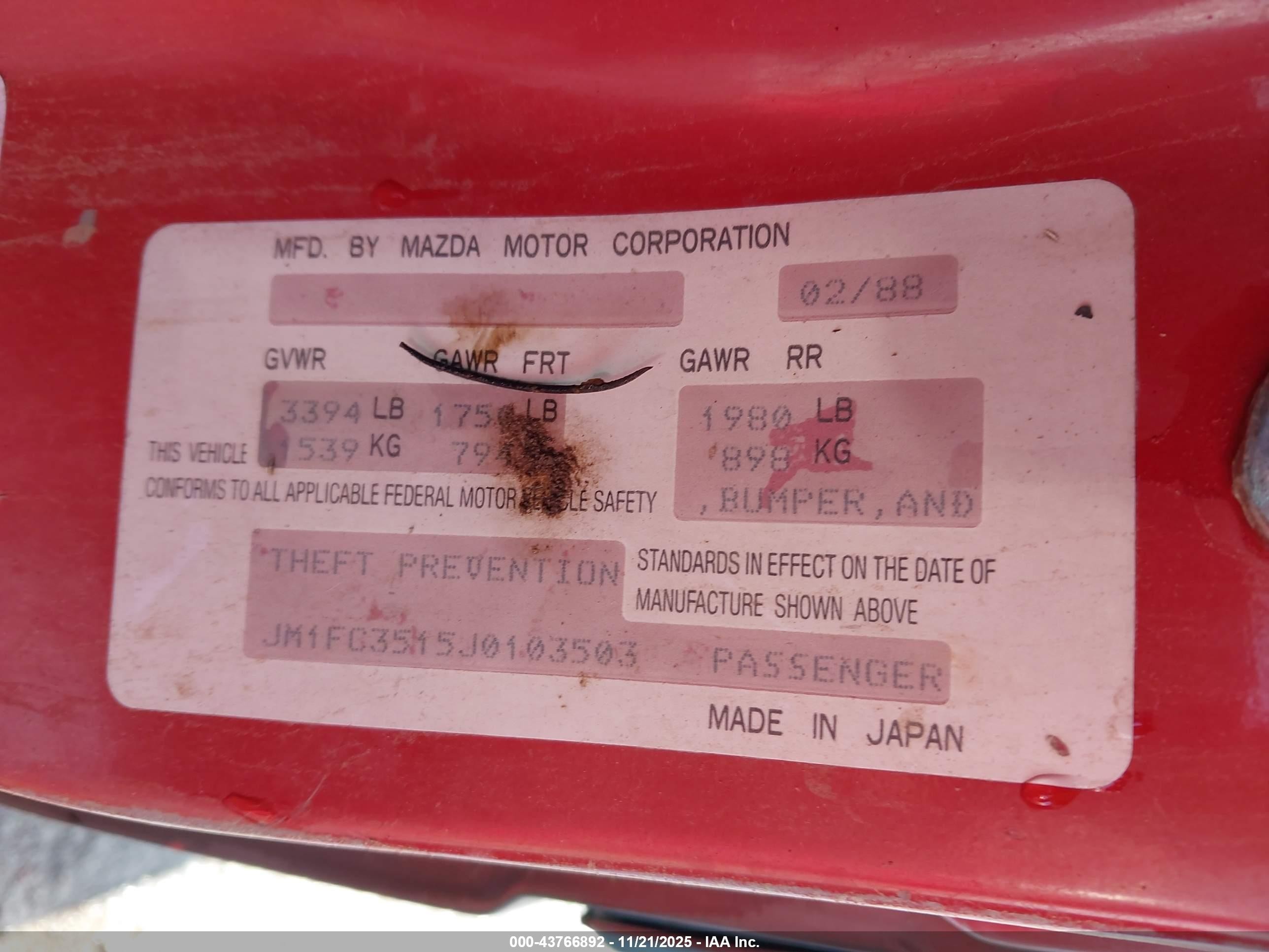 1988 Mazda Rx7   Red vin: JM1FC3515J0103503