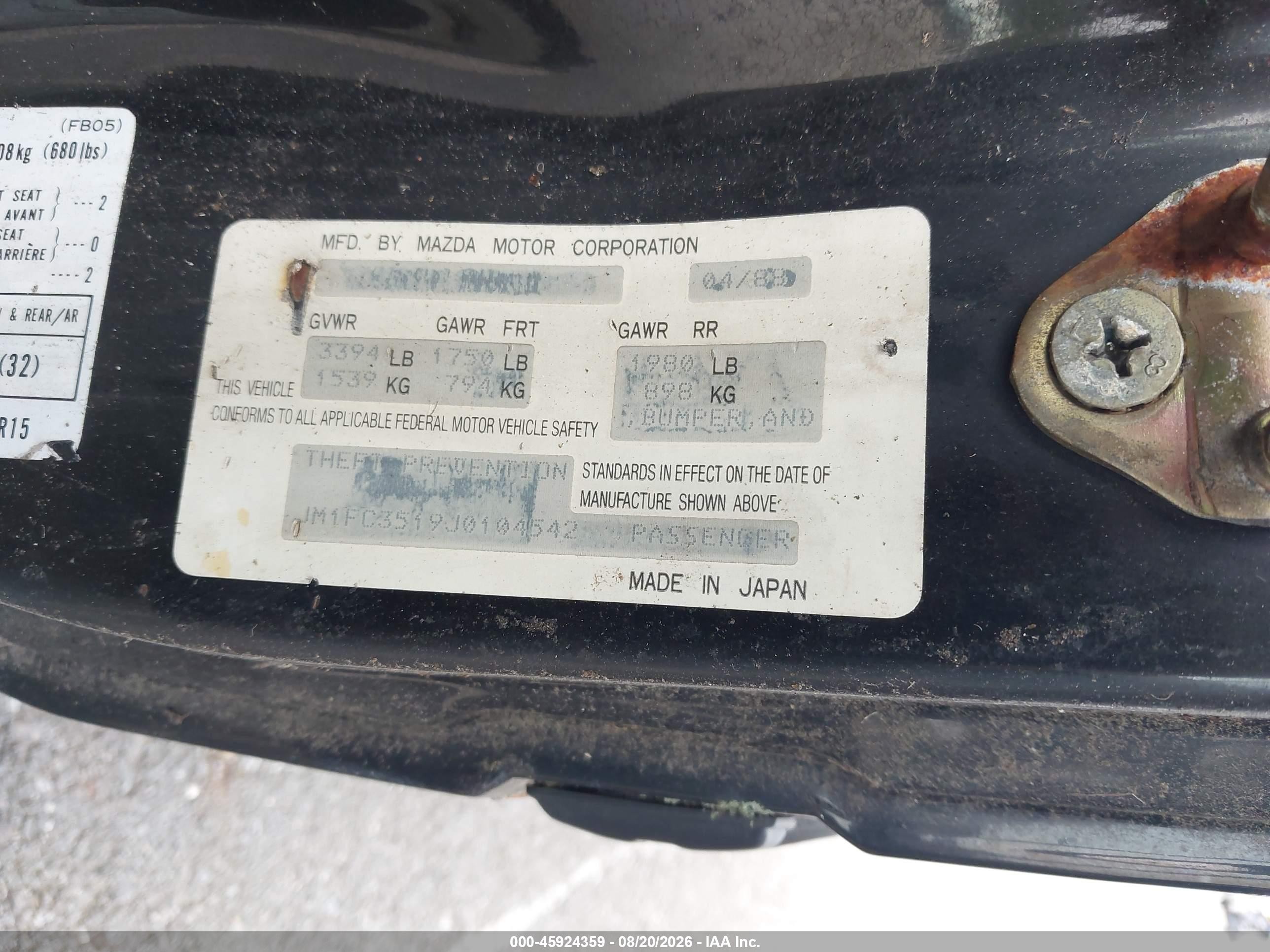 1988 Mazda Rx7   Black vin: JM1FC3519J0104542