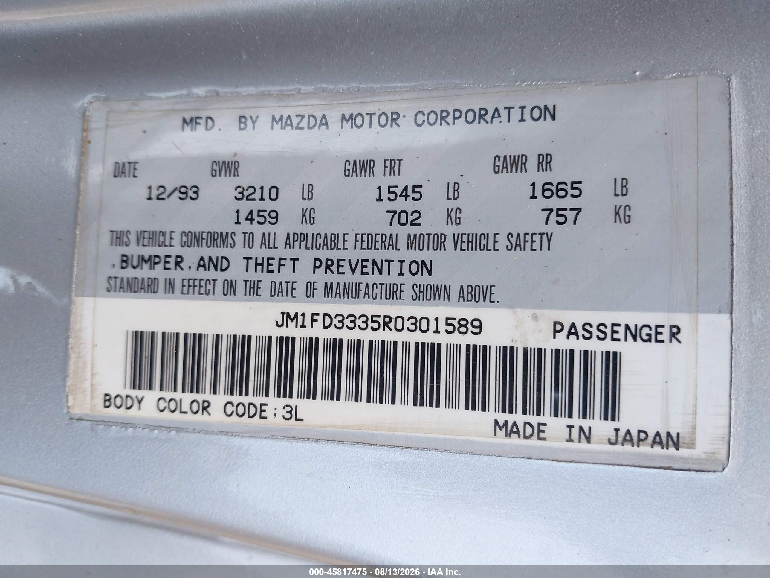 1994 Mazda Rx7 Silver vin: JM1FD3335R0301589