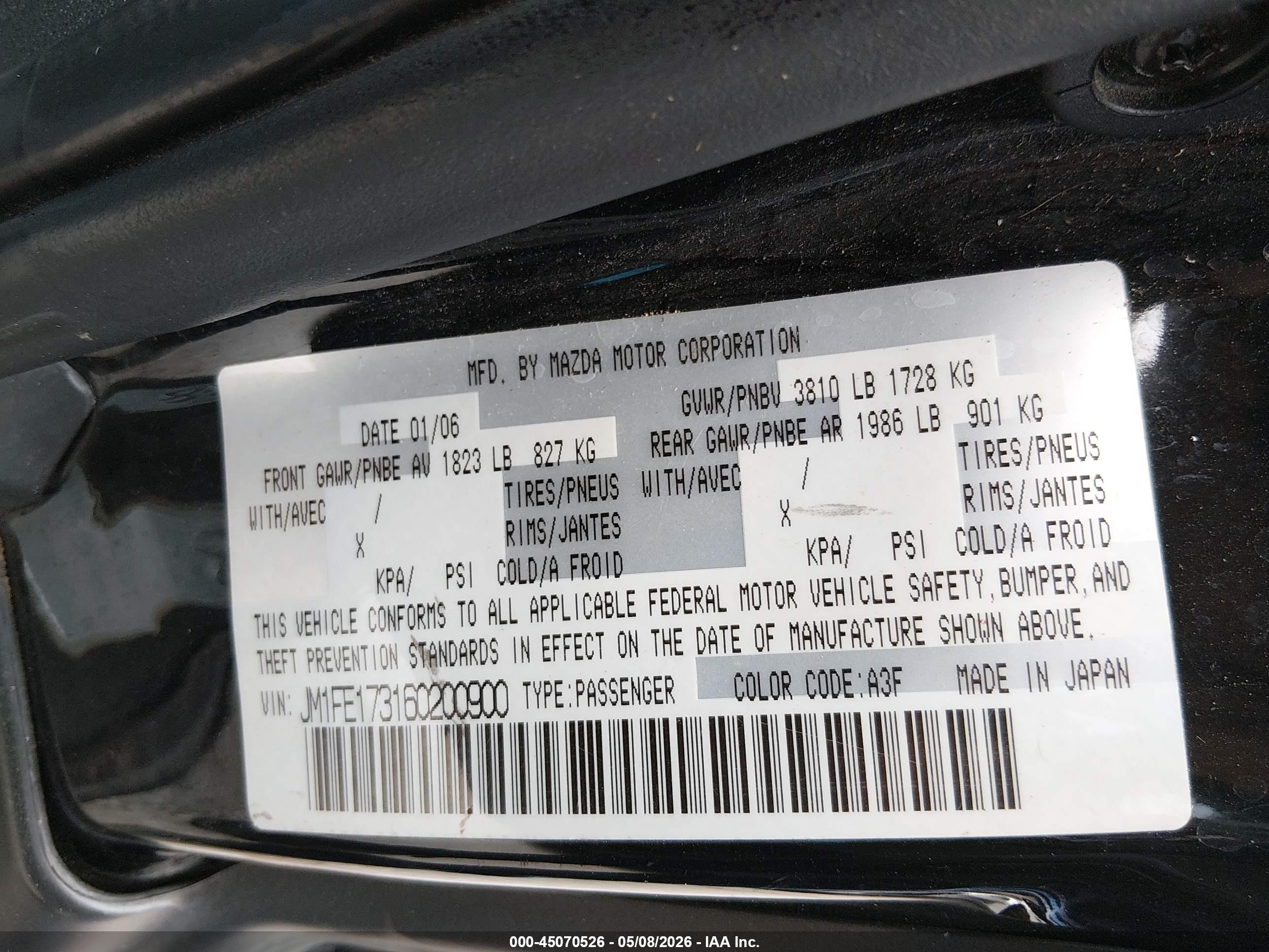 2006 Mazda Rx-8 6 Speed Manual Black vin: JM1FE173160200900