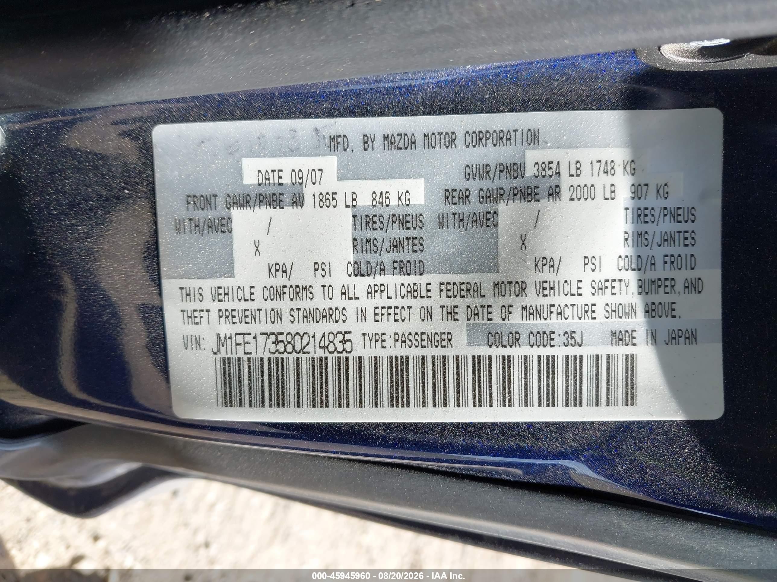 2008 Mazda Rx-8 Touring Blue vin: JM1FE173580214835