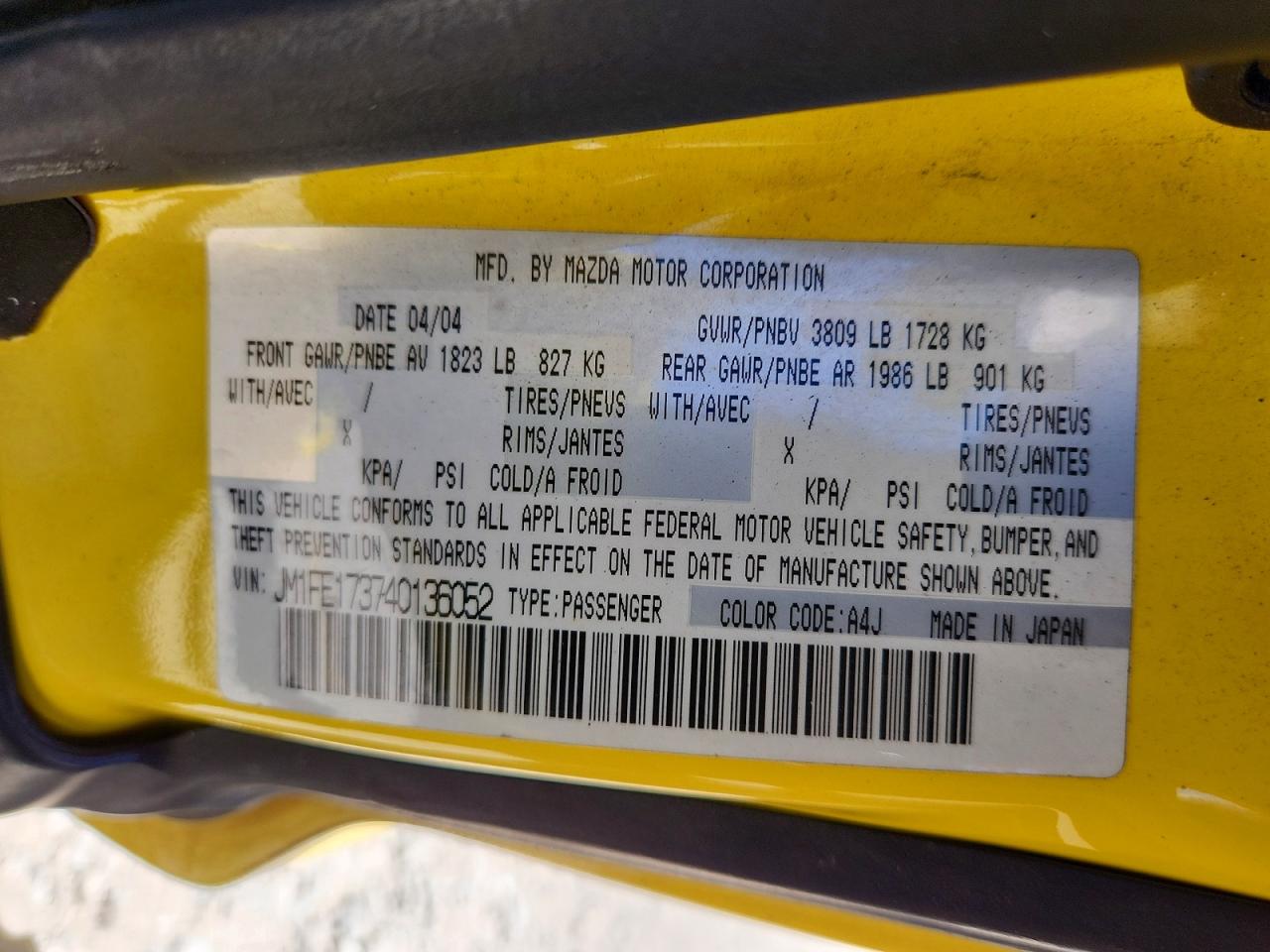 2004 Mazda Rx8 Yellow vin: JM1FE173740136052