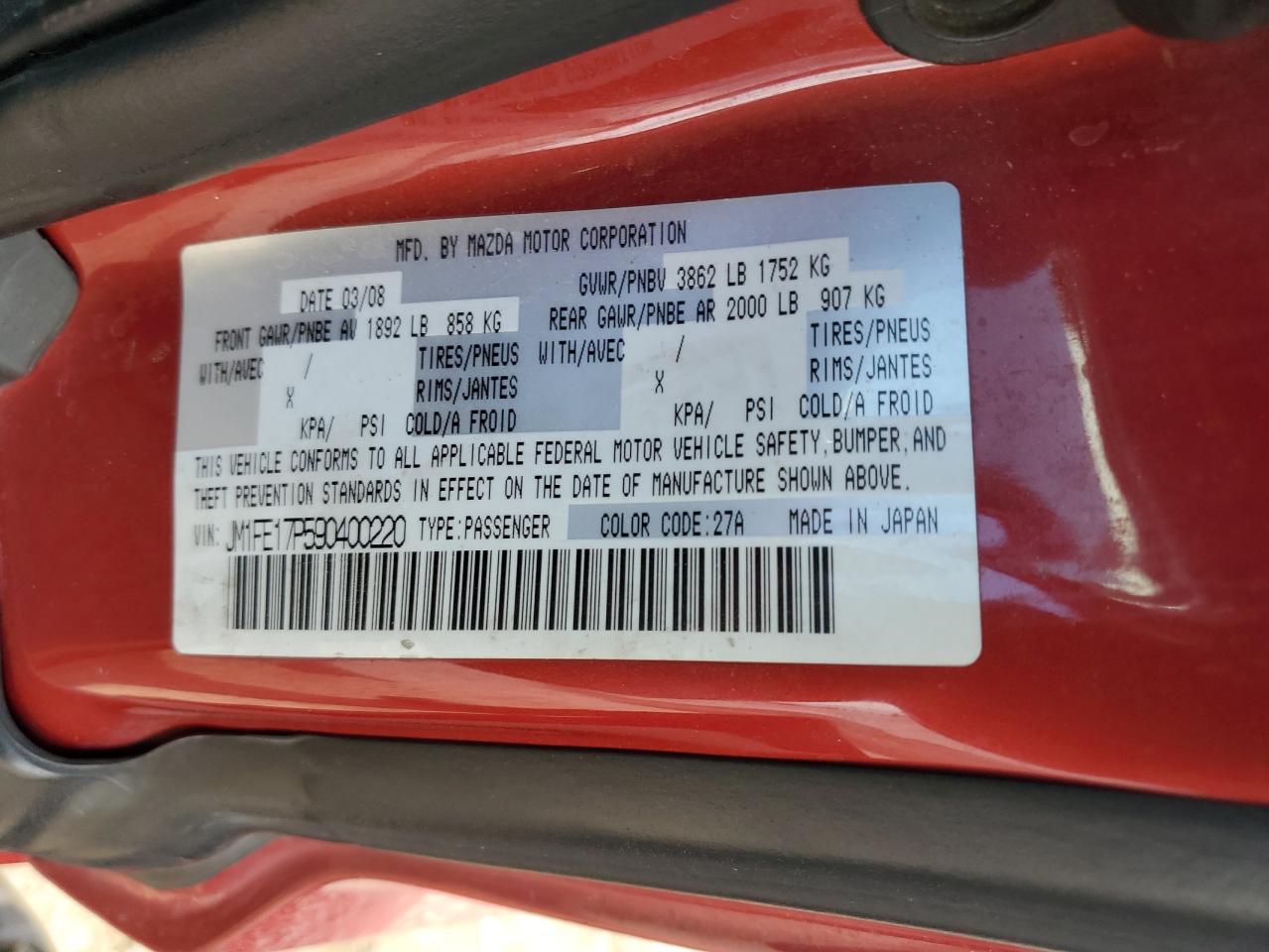2009 Mazda Rx8 Red vin: JM1FE17P590400220