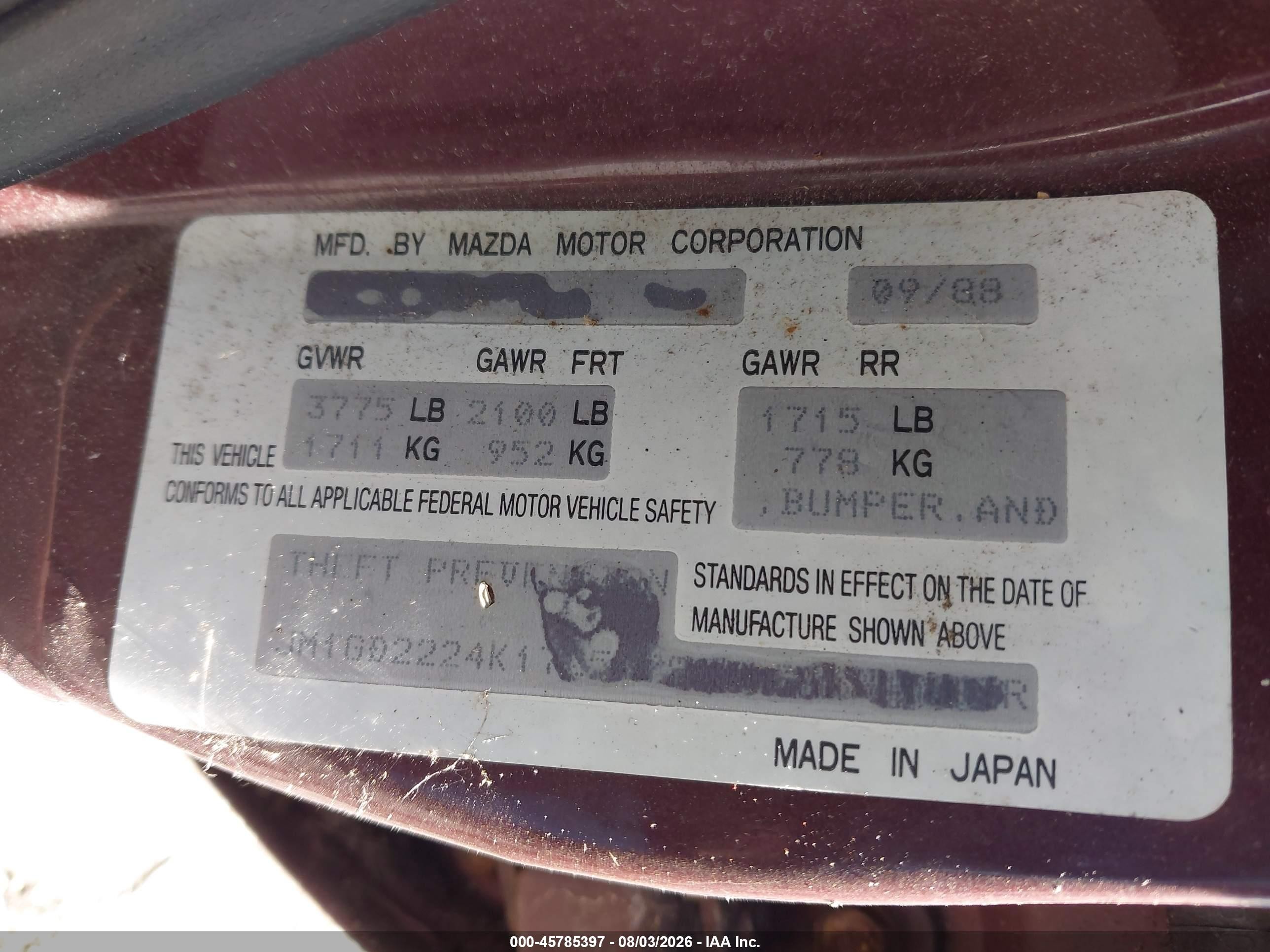 1989 Mazda 626   Burgundy vin: JM1GD2224K1725479