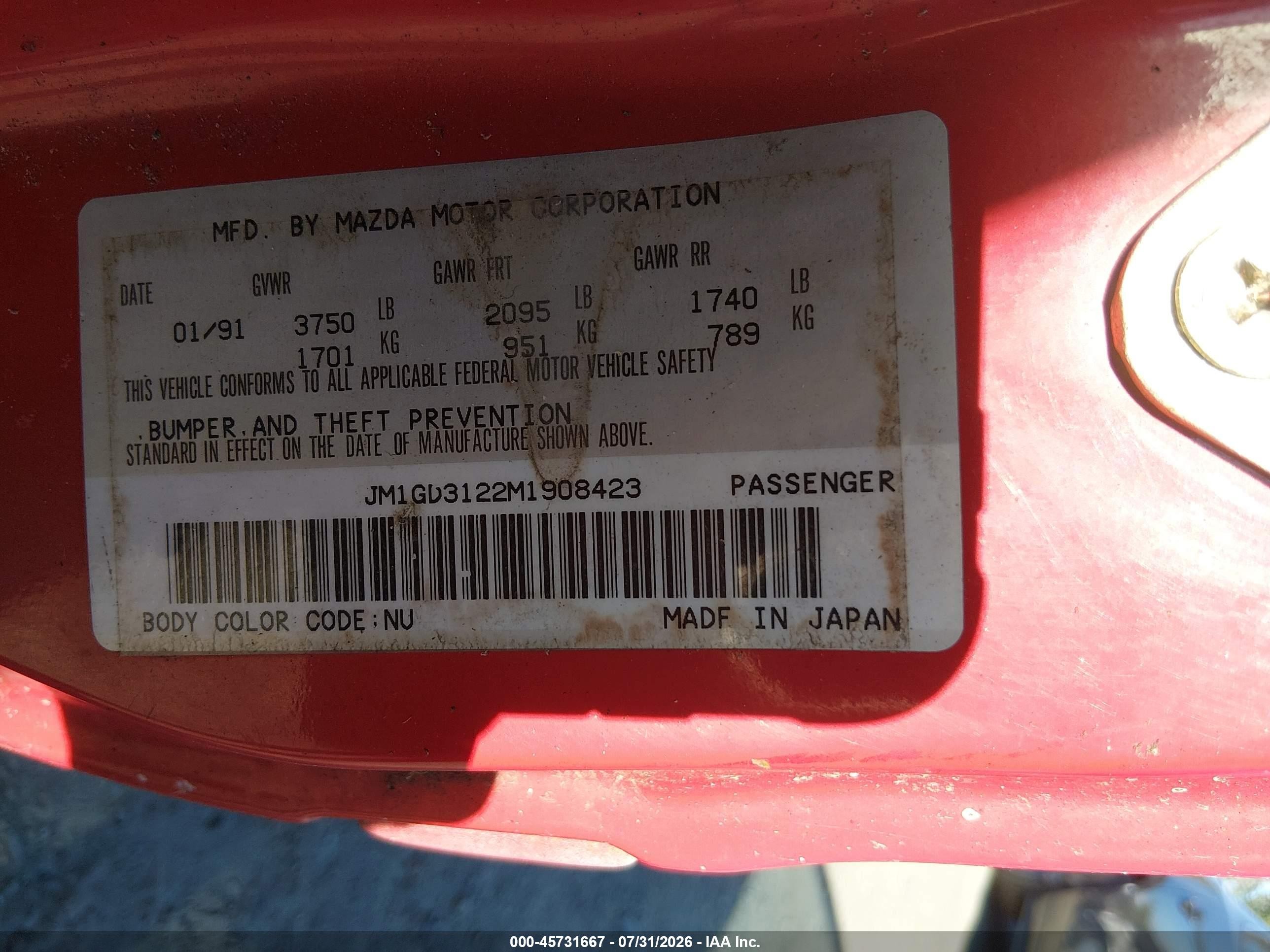 1991 Mazda Mx-6 Dx/lx Red vin: JM1GD3122M1908423