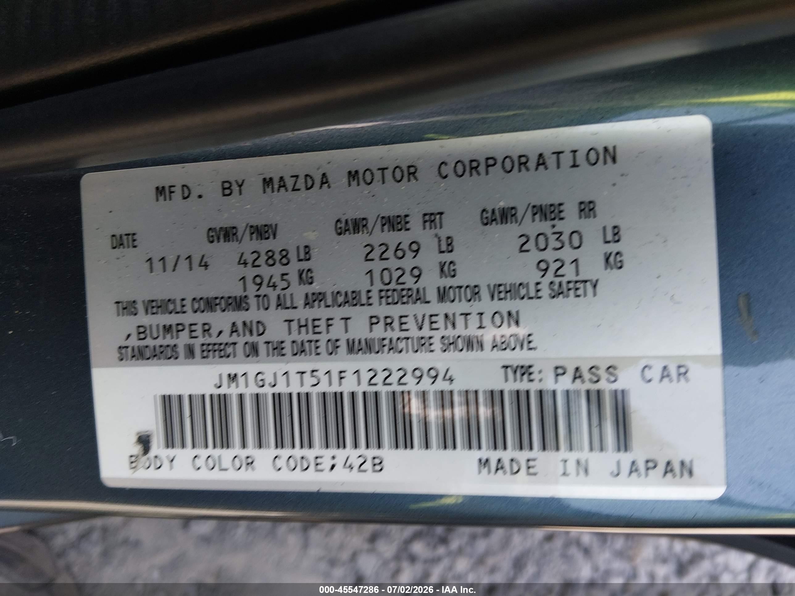 2015 Mazda Mazda6 I Touring Blue vin: JM1GJ1T51F1222994