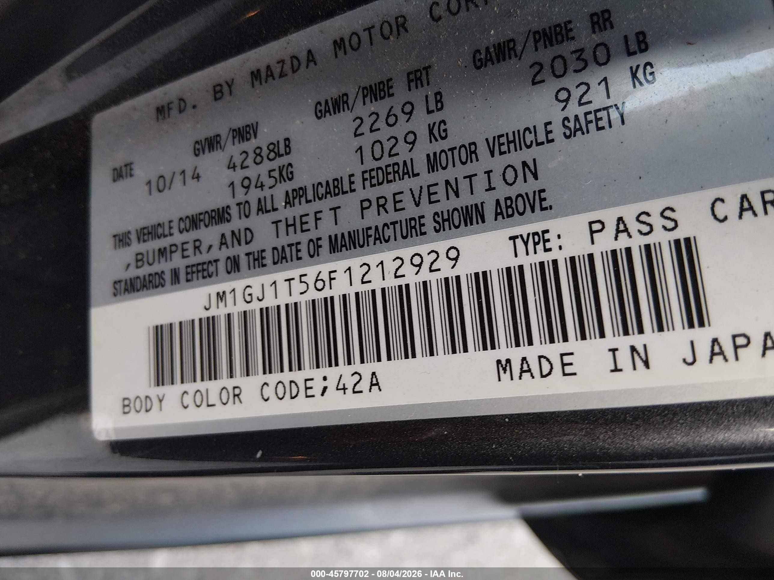 2015 Mazda Mazda6 I Touring Black vin: JM1GJ1T56F1212929