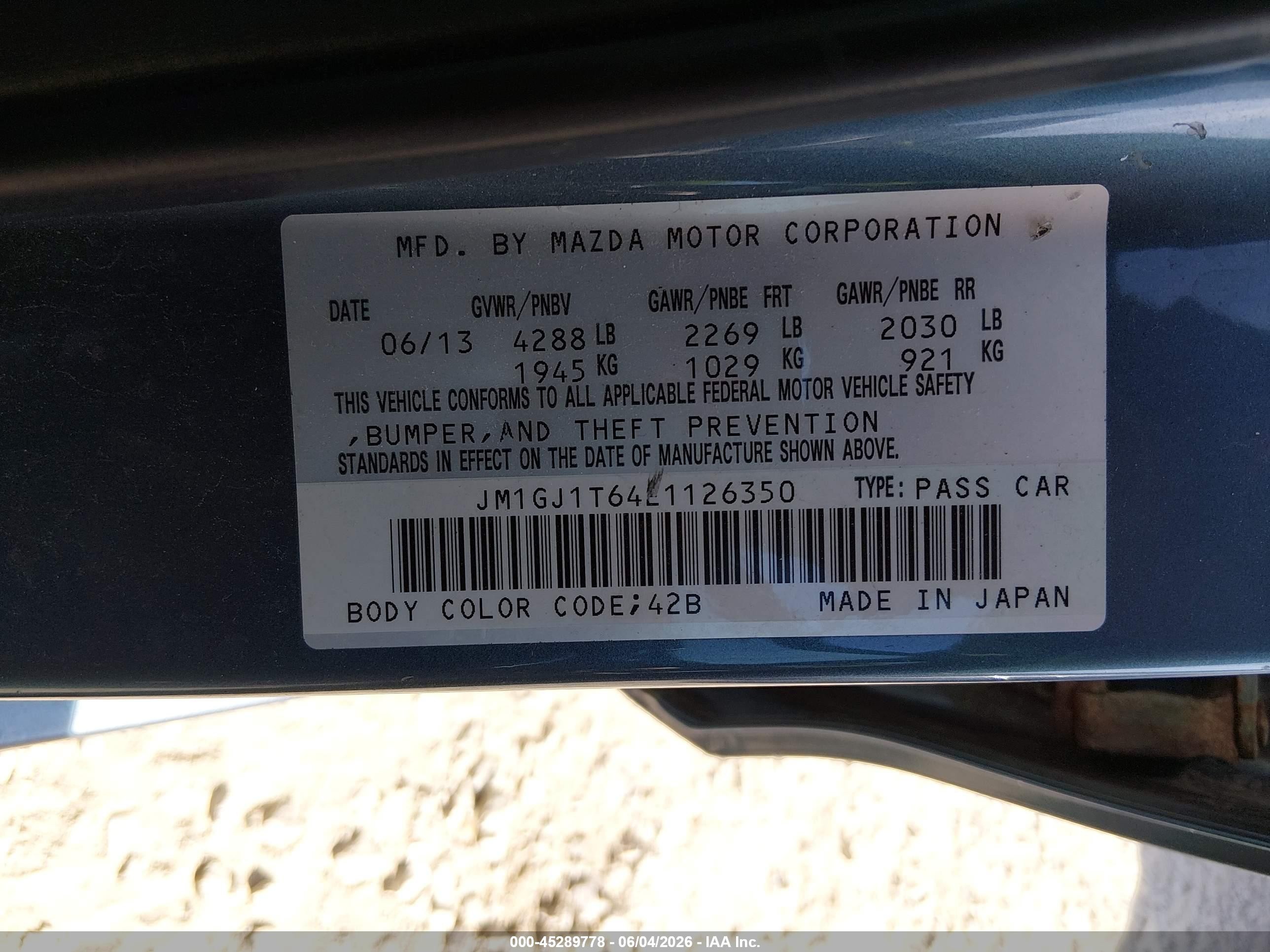 2014 Mazda Mazda6 I Touring Light Blue vin: JM1GJ1T64E1126350