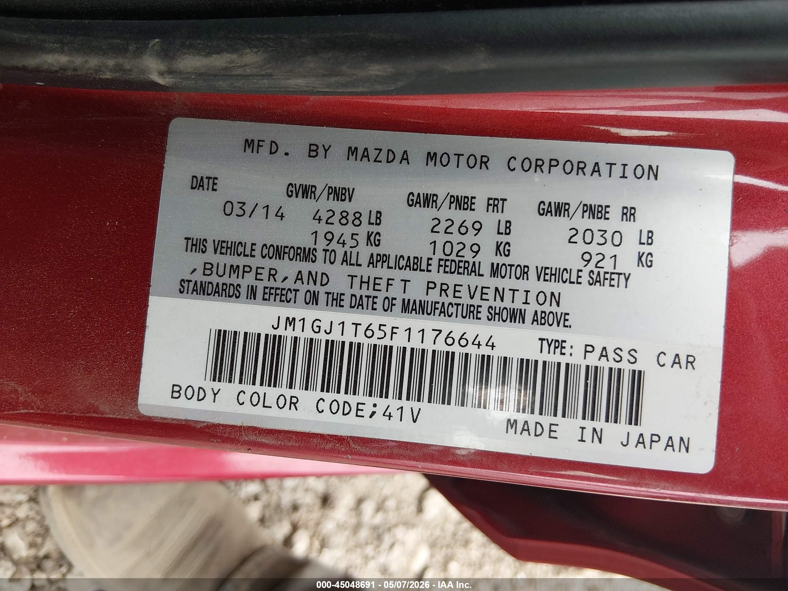 2015 Mazda Mazda6 I Touring Red vin: JM1GJ1T65F1176644