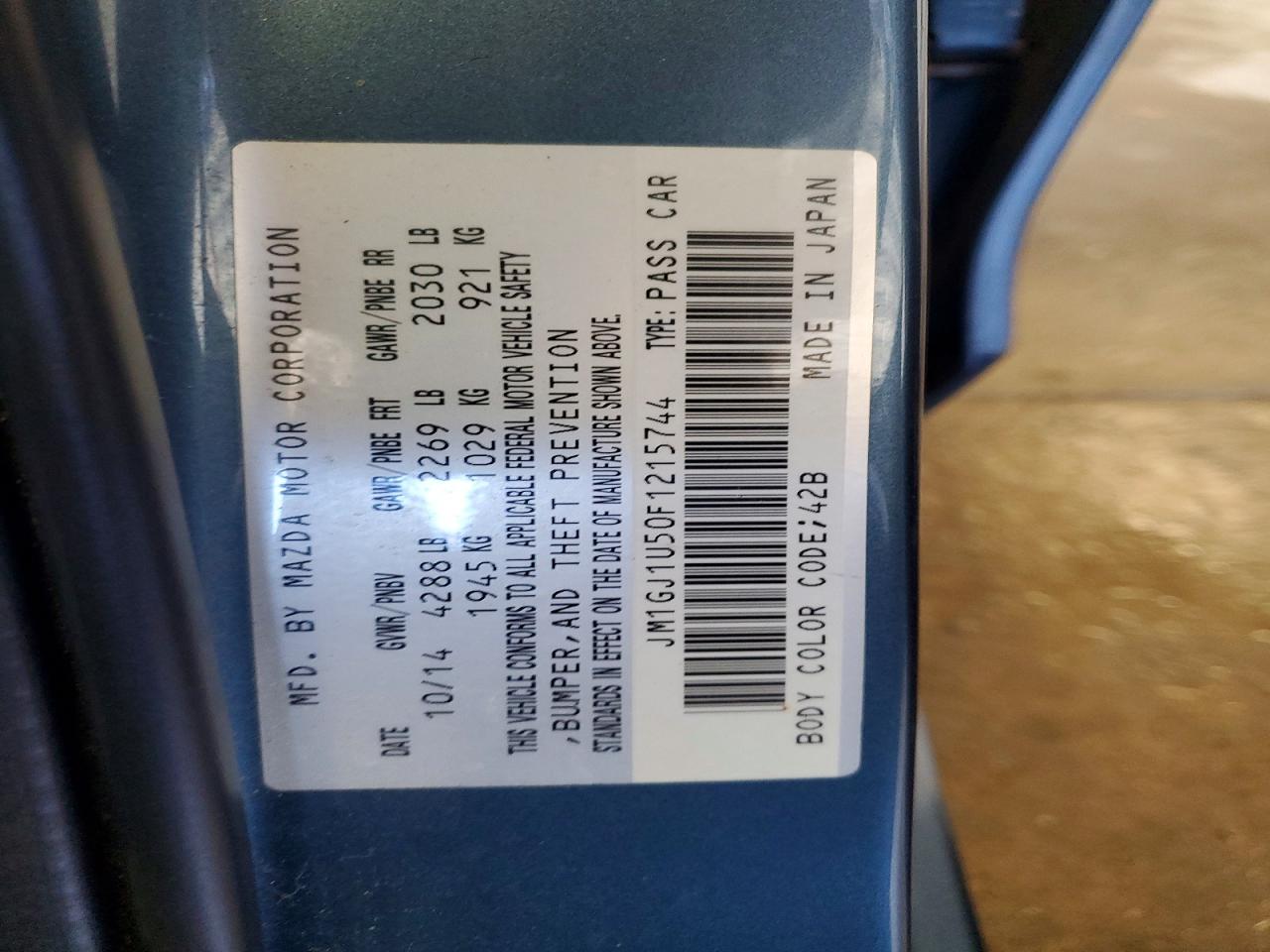 2015 Mazda 6 Sport Blue vin: JM1GJ1U50F1215744