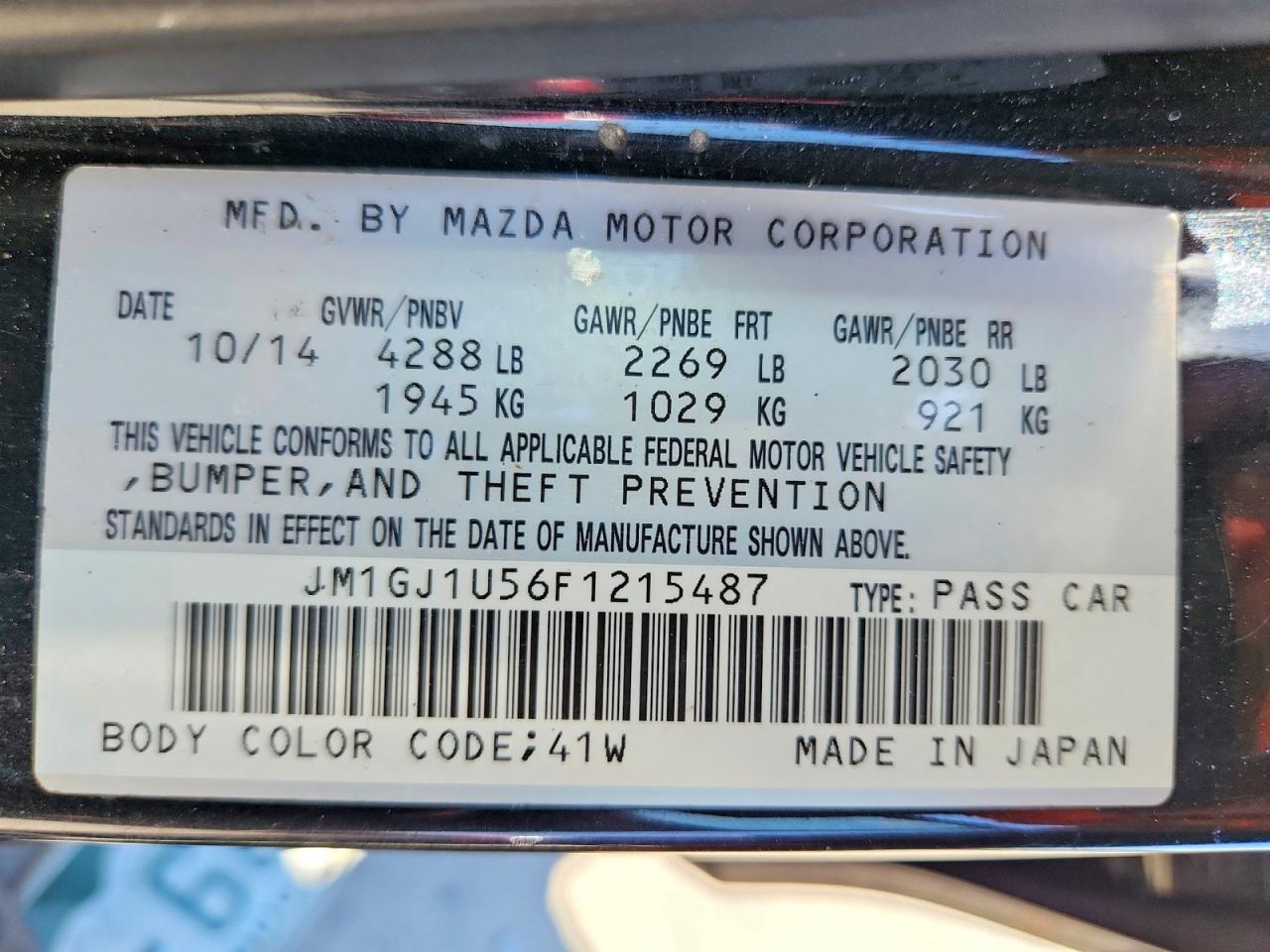 2015 Mazda 6 Sport Black vin: JM1GJ1U56F1215487