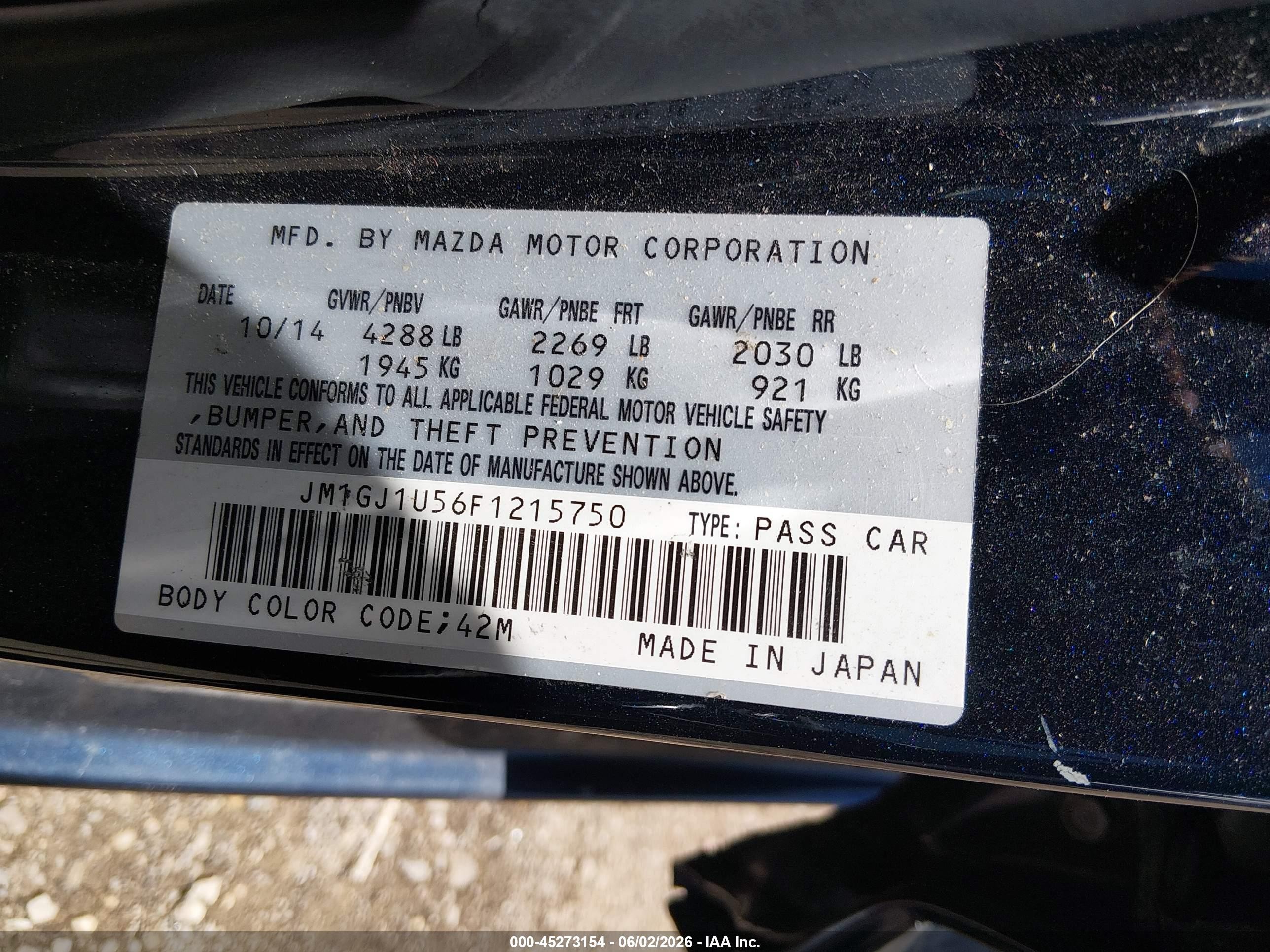 2015 Mazda Mazda6 I Sport Dark Blue vin: JM1GJ1U56F1215750