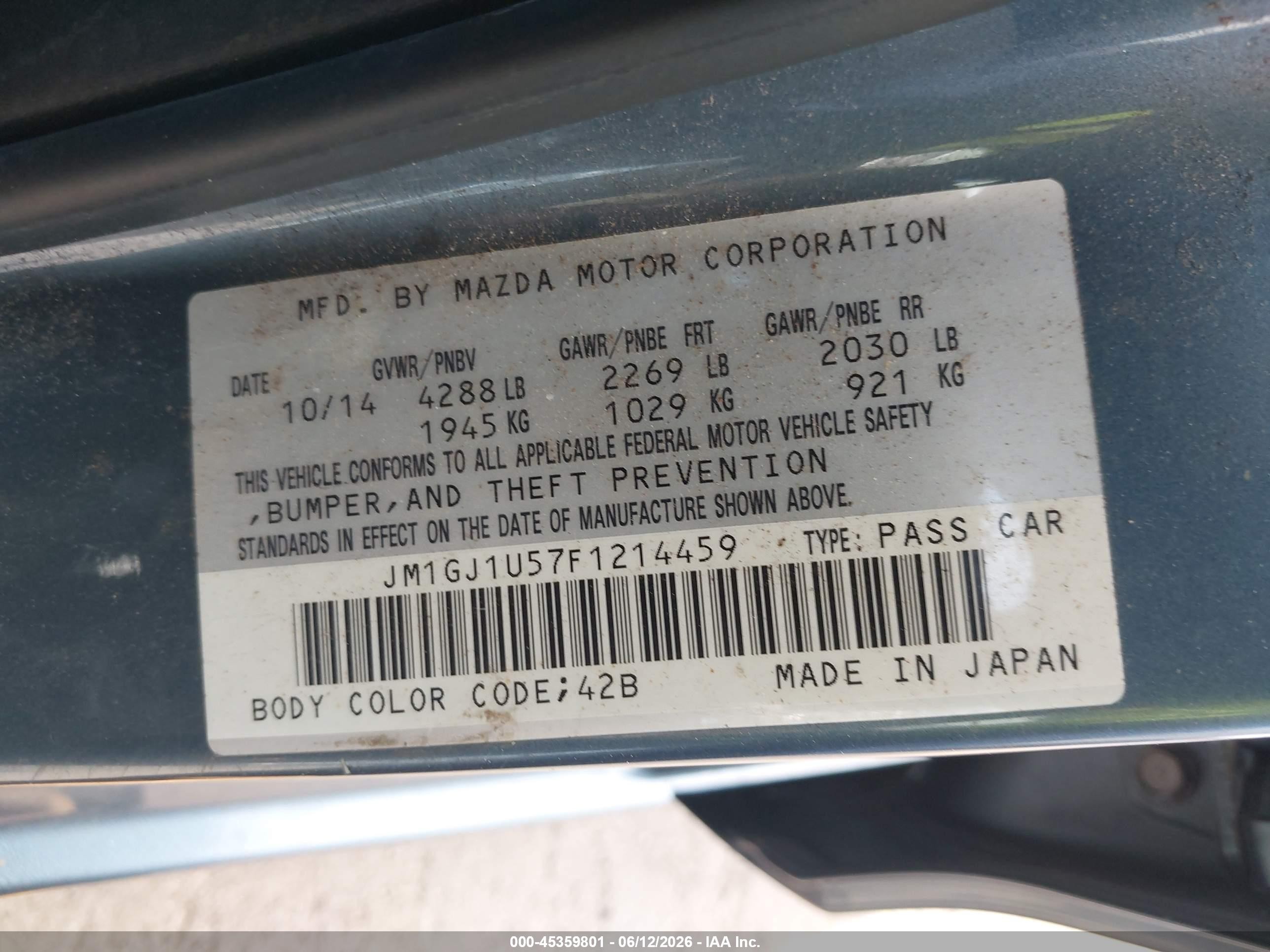 2015 Mazda Mazda6 I Sport Blue vin: JM1GJ1U57F1214459